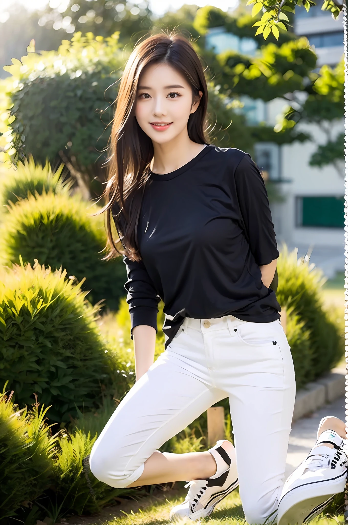 （best qualtiy：1.4），Complicated details，20 years old Korean girl，Wear a loose black T-shirt and skinny jeans，Stand on the grass and take pictures，Detailed meadow，A sweet smile on a small face，Ultra-realistic facial details，Playful and coquettish pose，The calves are straight and slender:1.2，Wear high-end branded colored canvas shoes:1.0，Broad lighting，naturalshadow，fully body photo:1.8