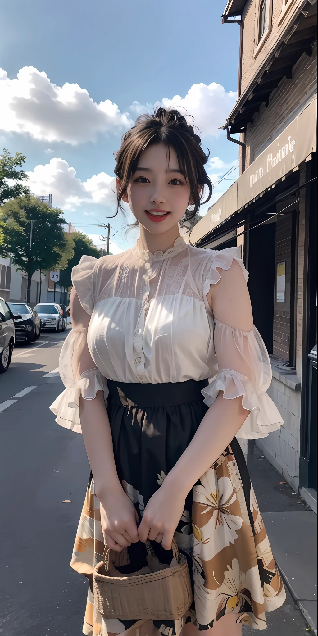 1个Giant Breast Girl,a color,(tmasterpiece:1.4),(Best picture quality:1.4),8K,Girls HD,Ultra-clear,1个Giant Breast Girl,二重まぶた,(Europe),Be red in the face,blue-sky,baiyun,shadowing,Leaf spots,Tyndall Sunshine,(orthofacial),big laughter,dimple,teeth showing,(stacked curly in short Bob :1.3)