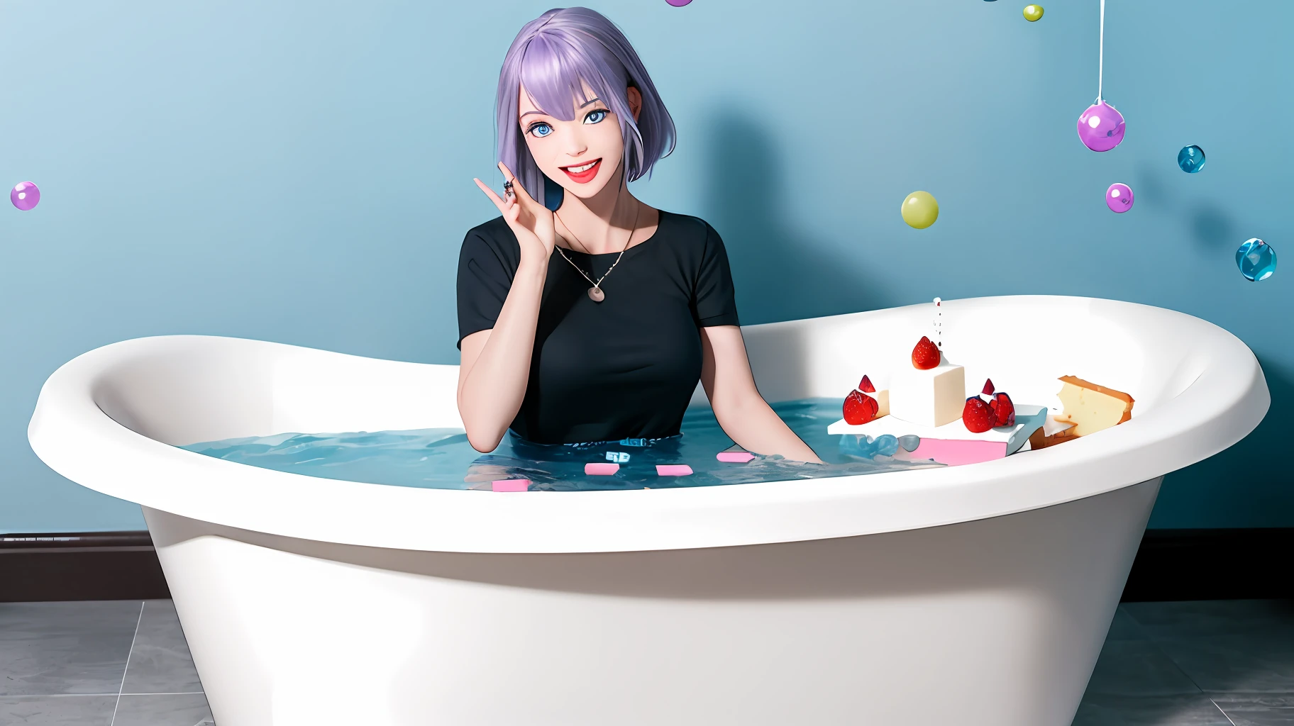 masterpiece、(Photorealsitic:1.4)、top-quality、beautiful lighting、(ulzzang-6500:0.5)、Makima \(chain saw man\)、(Bob hair)+(A dark-haired)+(bangss)、blue eyess、blue eyess、crying how bright、((Ring-shaped eyes))、RAW Photography、8k UHD、film grains、(masutepiece, High-quality graphics, Super Details: 1.2, 4K), Girl with lilac hair and blue eyes dipped in cake, Fluffy cake, (Full body image: 1.5), Legs sticking out of the bathtub, Cakes dotted with sweets and snacks, Bubbles, Smiles, Reach out to touch the floating bubbles, Blue background, Floating soap bubbles