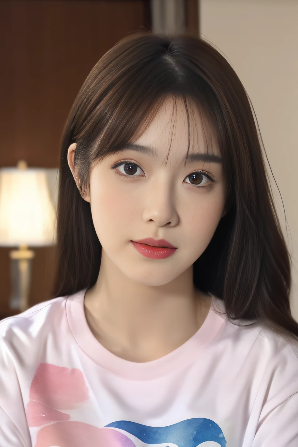 ((A T-shirt girl), Hotel room, high resolution, Dynamic Angle, Floating, Best quality, Ultra-detailed, Masterpiece, Beautiful face, Bright eyes, Delicate and flawless skin, Perfect lighting, Soft focus, Cinematic atmosphere, Watercolor filter)