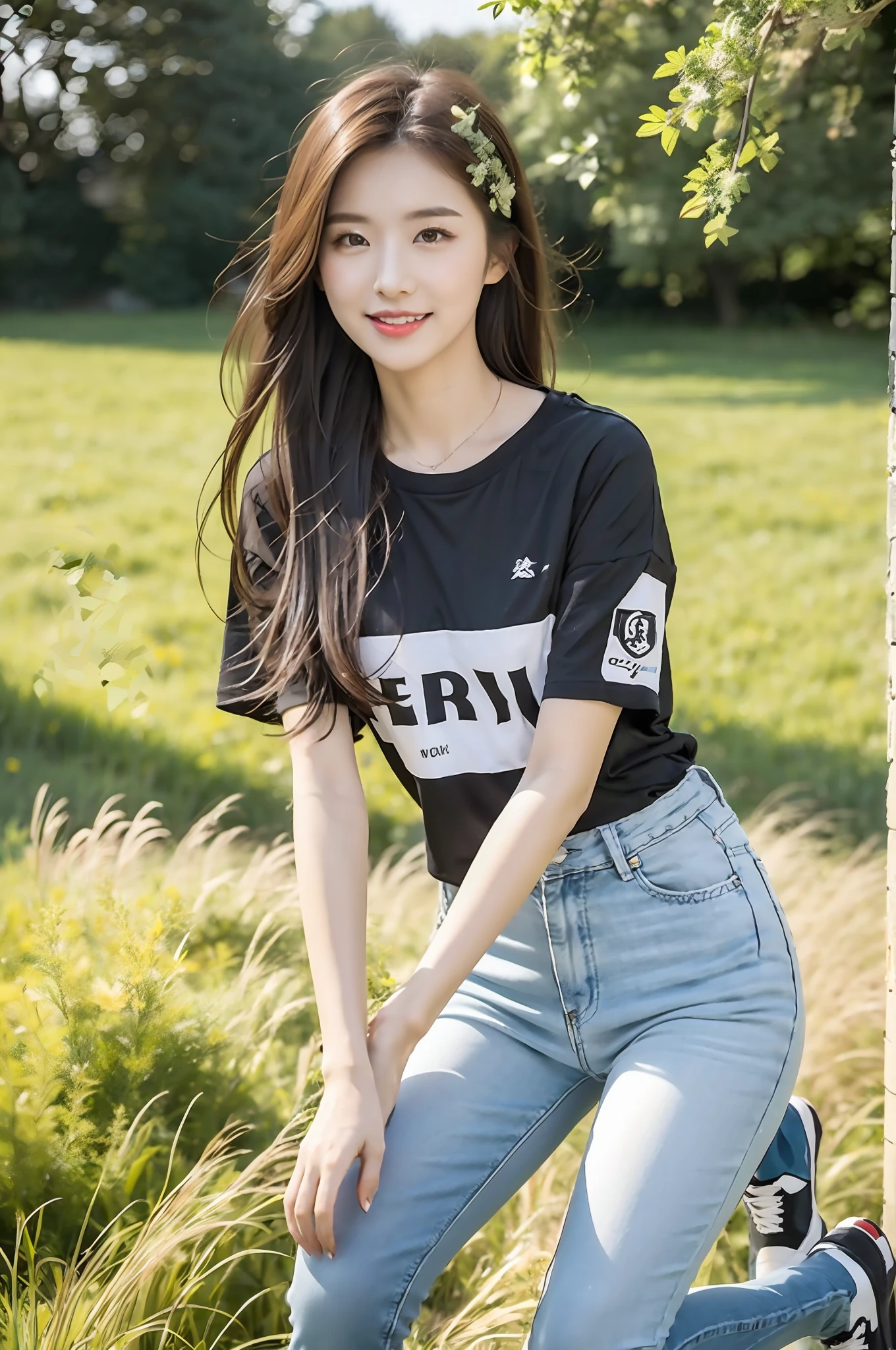 （best qualtiy：1.4），Complicated details，20 years old Korean girl，Wear a loose black T-shirt and skinny jeans，Stand on the grass and take pictures，Detailed meadow，A sweet smile on a small face，Ultra-realistic facial details，Playful and coquettish pose，The calves are straight and slender:1.2，Wear high-end branded colored canvas shoes:1.0，eventide，warm color：0.3，Broad lighting，naturalshadow：1.0，fully body photo:1.8