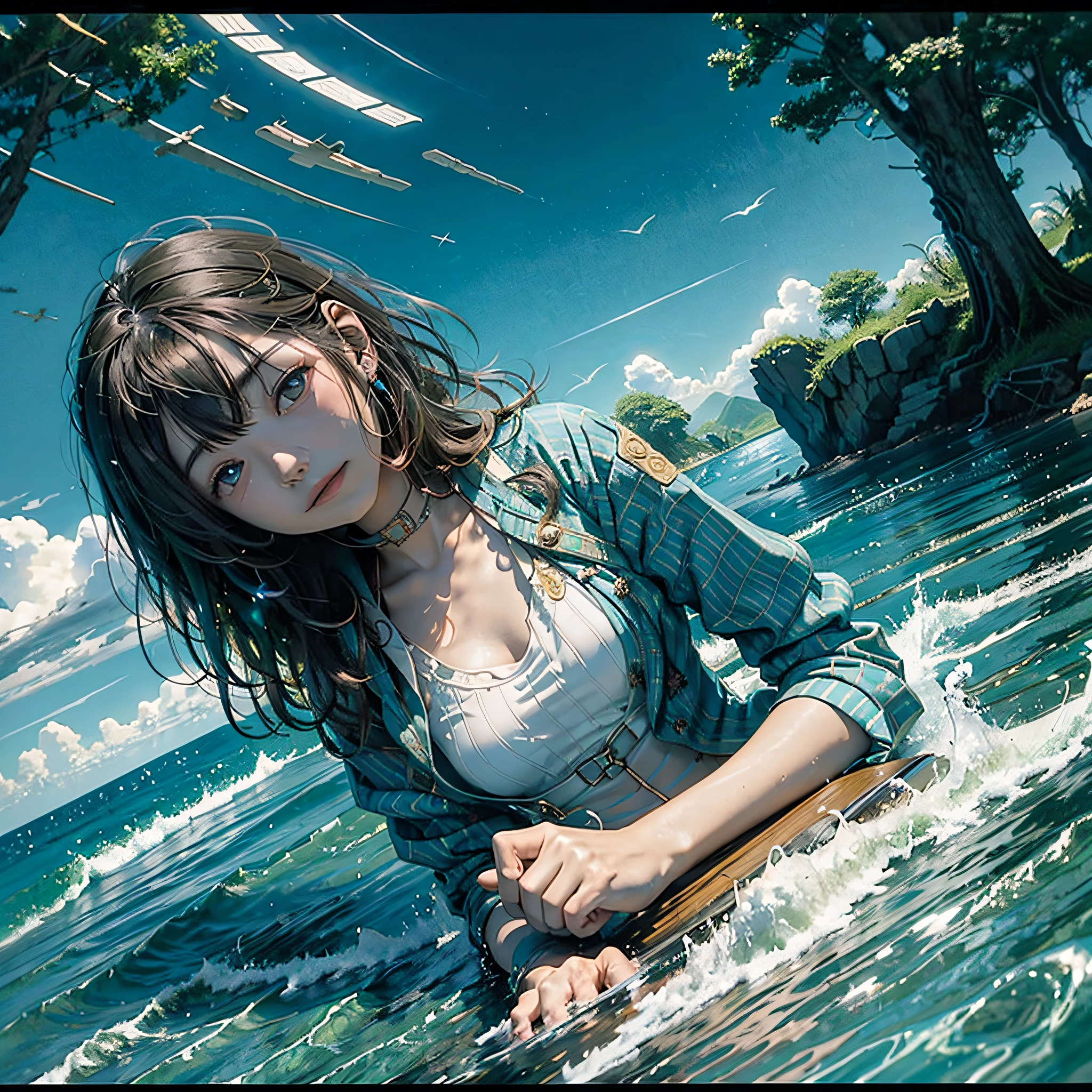 Colorful mural girl lying on the river, crooked neck tree, rippling with the lake, very detailed CG unity 8k wallpaper,(tmasterpiece),(best qualtiy),(ultra - detailed),(Ultra photo realsisim),(best character detail:1.36),dynamic angle,profesional lighting,photon maping,Radio City, physically-based renderingt。 --auto
