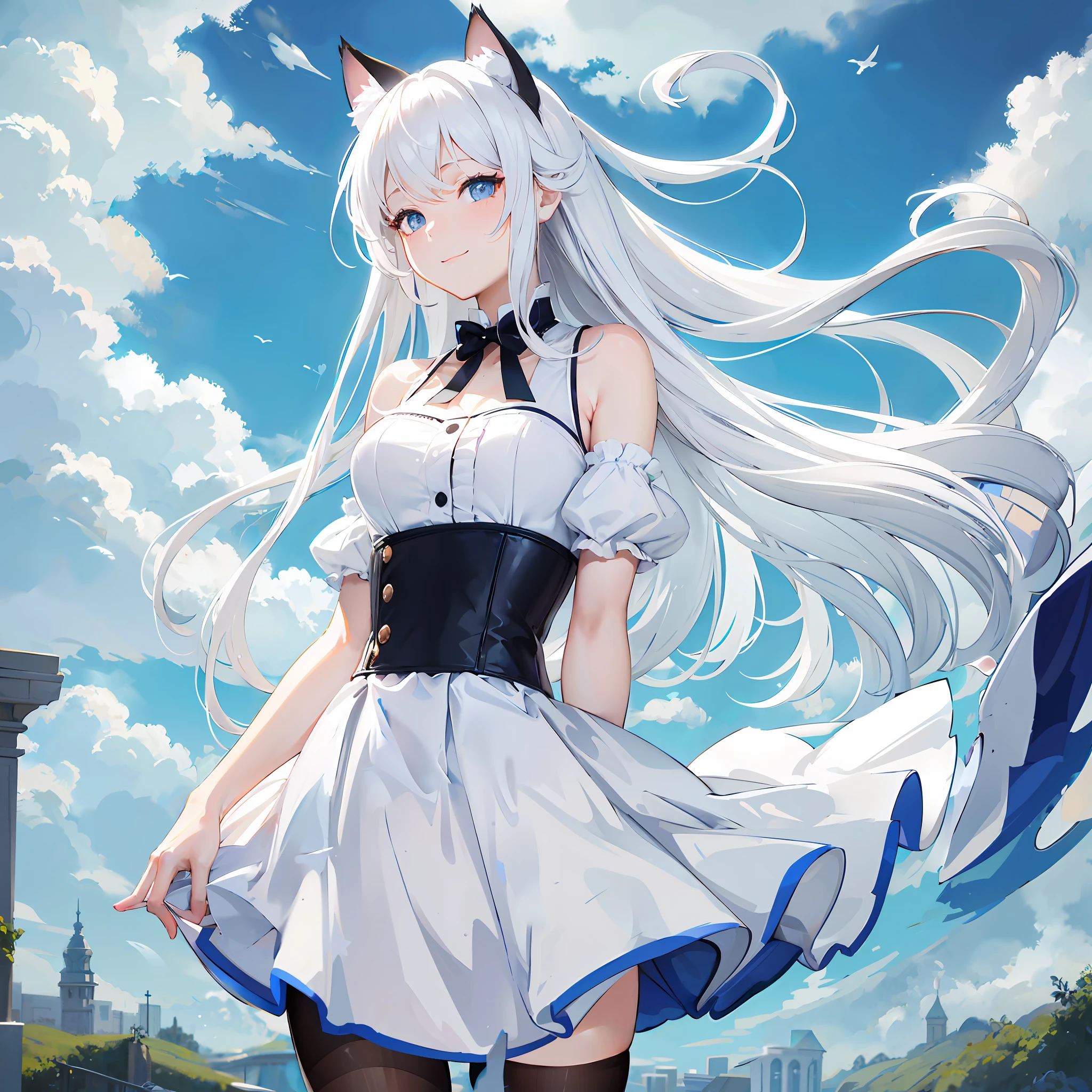 Anime girl with long white hair and black and white dress, White Cat Girl, Very beautiful anime cat girl, White-haired fox, anime girl with cat ears, beautiful anime catgirl, anime cat girl in a maid costume, azur lane style, anime catgirl, cute anime catgirl, Attractive cat girl, white-haired god, white fox anime, anime cat
