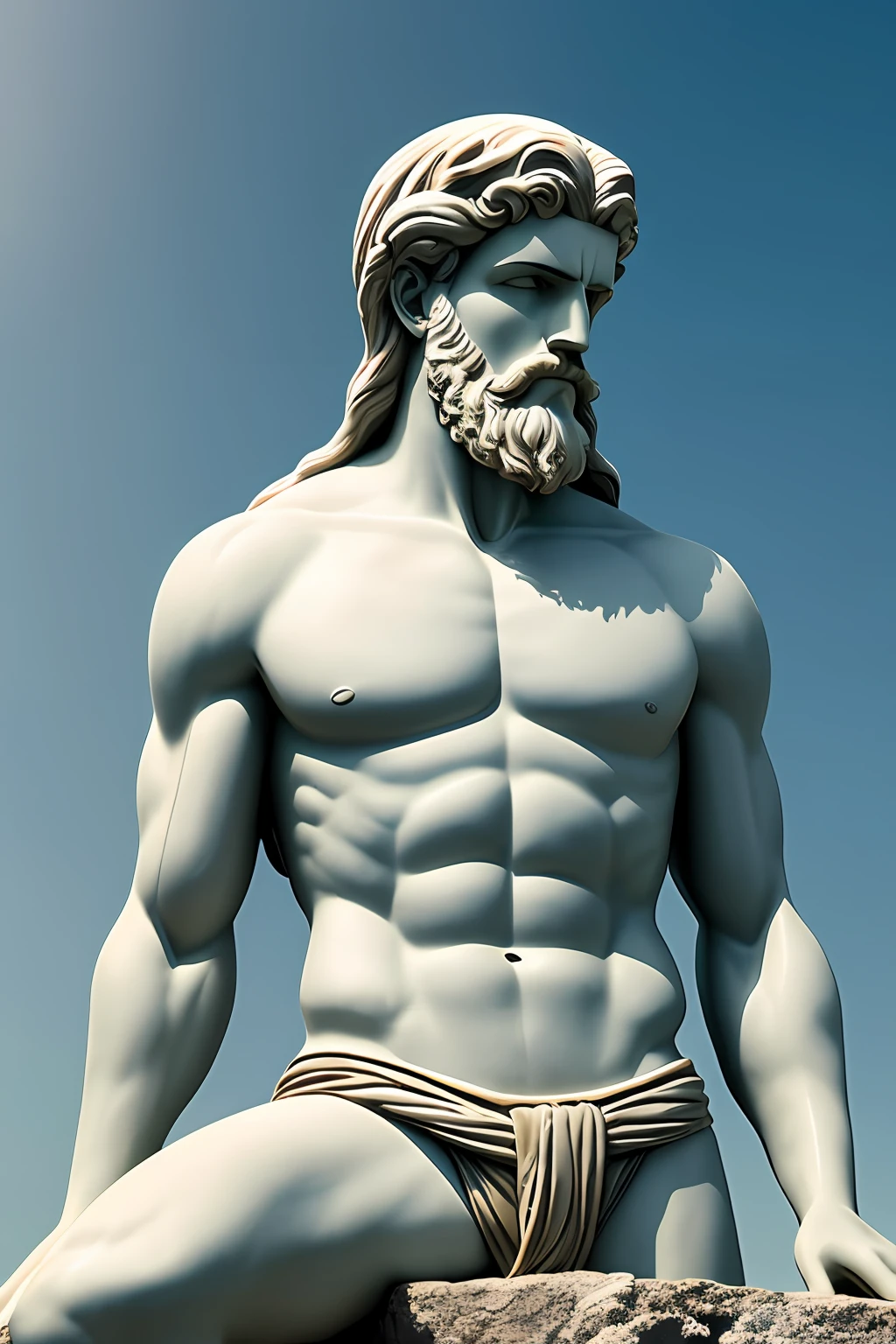 Creates image of a Greek God with the long beard carved from marble with landscape background of the sky looking at the horizon with deep and thoughtful gaze in a realistic way