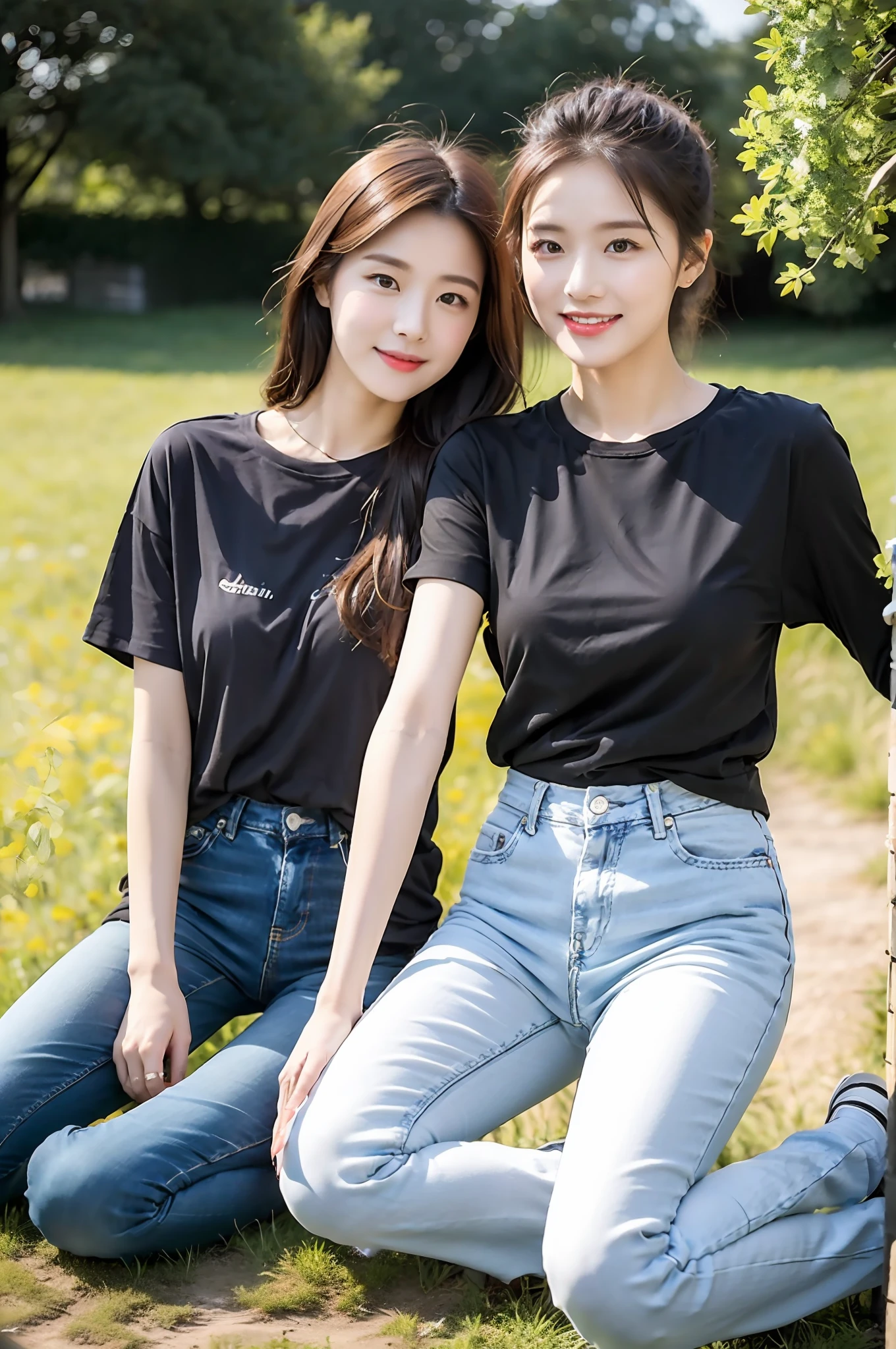（best qualtiy：1.4），Complicated details，20 years old Korean girl，Wear a loose black T-shirt and skinny jeans，Stand on the grass and take pictures，Detailed meadow，A sweet smile on a small face，Ultra-realistic facial details，Playful and coquettish pose，The calves are straight and slender:1.2，Wear high-end branded colored canvas shoes:1.0，eventide，warm color：0.3，Broad lighting，naturalshadow：1.0，fully body photo:1.8