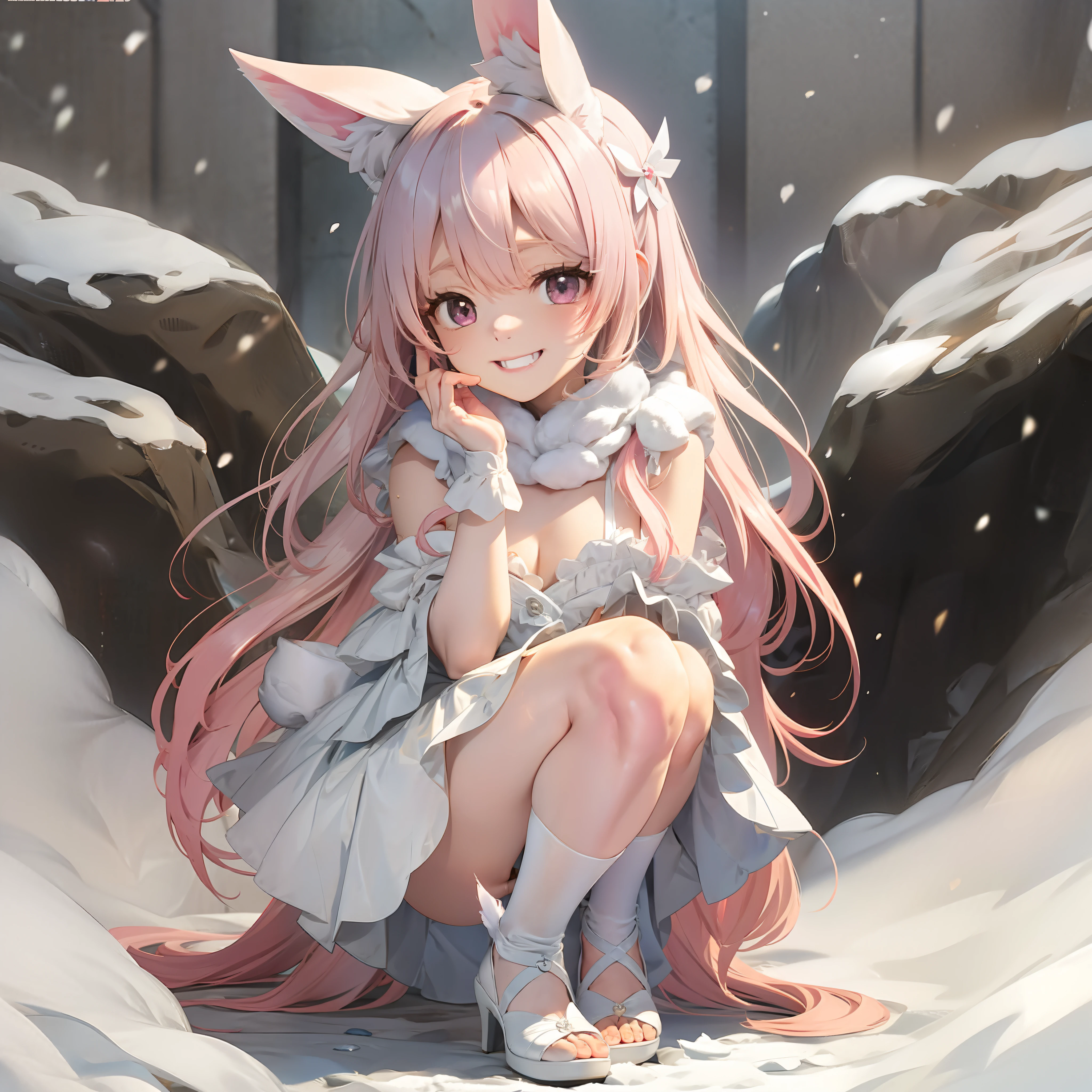 Anime - wearing a bunny costume , White Cat Girl, Anime goddess cosplay, gracefulpose, Very beautiful anime cat girl, in dress, very beautiful cute catgirl, the anime girl is crouching, Smooth, flowing hair,Milky white skin, Beautiful face Light milky white porcelain skin, anime vibes, The legs are slender,kawaii aesthetic, Snow-whiteskin, Wearing white stockings,Pink areas loom,White heels,Short pink skirt,The skirt lifted,Purple eye,Eyebrows like emerald feathers,Beautiful face,grin,tmasterpiece