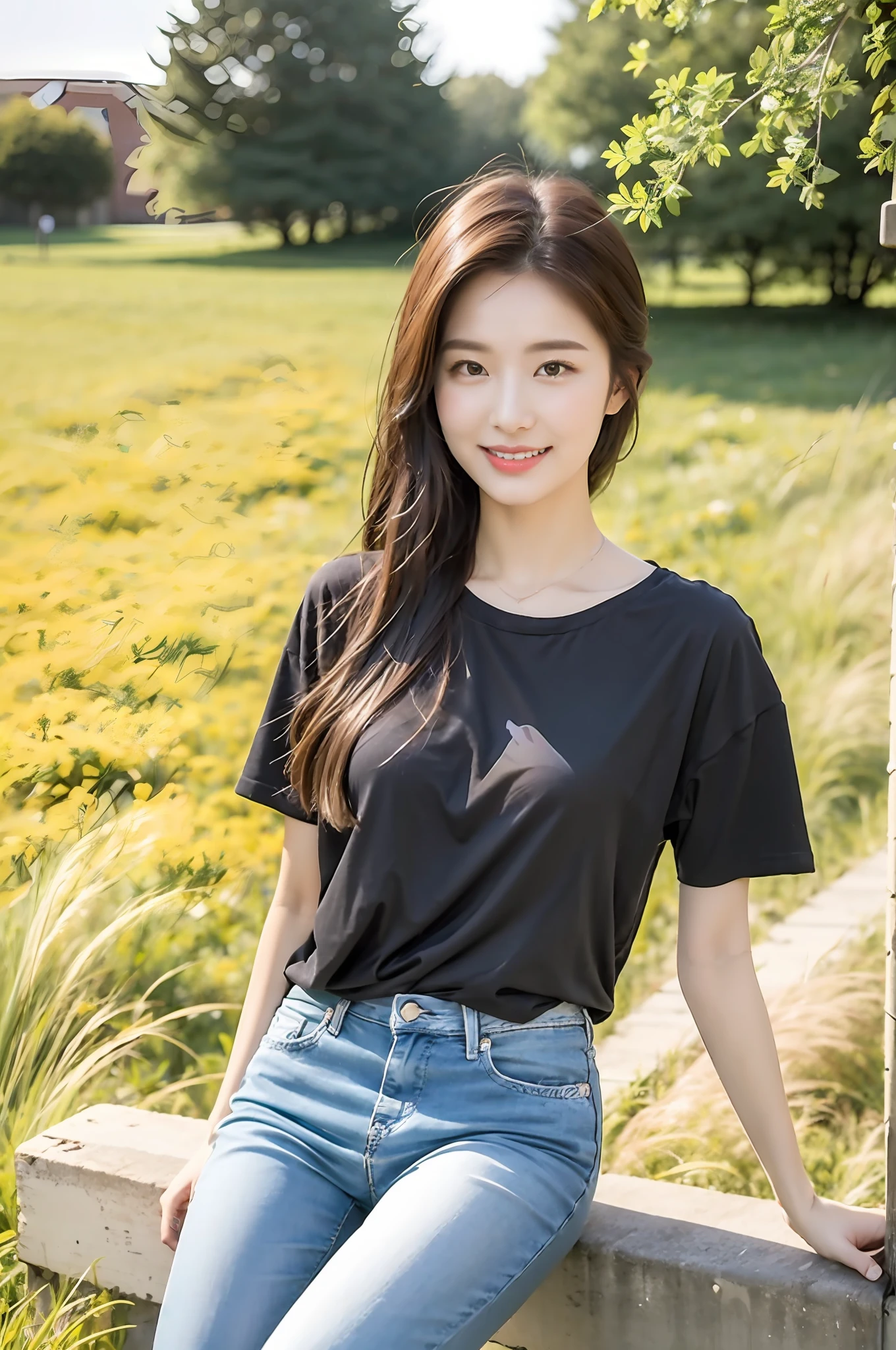 (best qualtiy:1.4),Complicated details,20 years old Korean girl,Wear a loose black T-shirt and skinny jeans,Stand on the grass and take pictures,Detailed meadow,A sweet smile on a small face,Ultra-realistic facial details,Playful and coquettish pose,The calves are straight and slender:1.2,Wear high-end branded colored canvas shoes:1.0,eventide,warm color:0.3,Broad lighting,naturalshadow:1.0,fully body photo:1.8