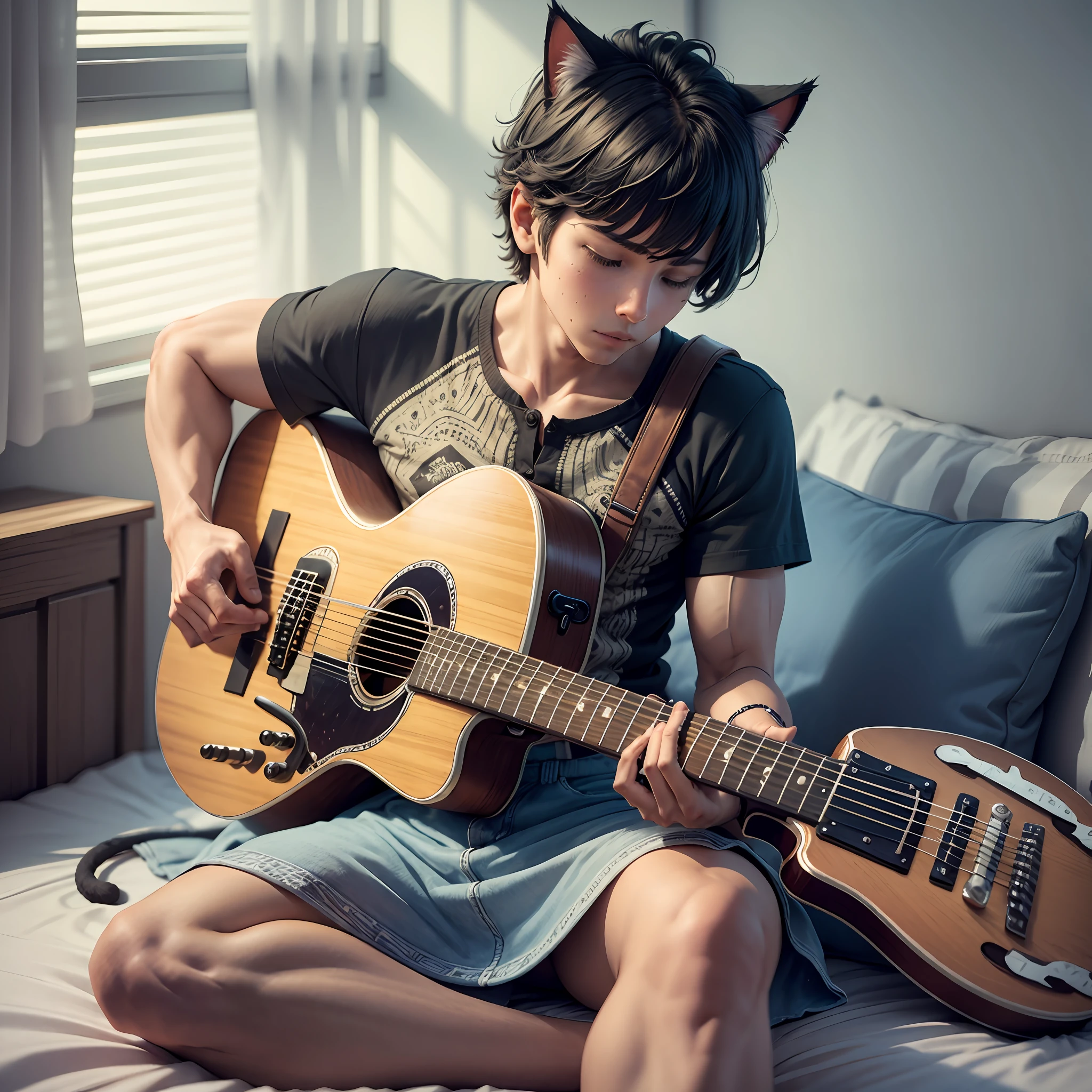 3D,Cosy room,Short black hair, muscular boy sitting on the edge of bed playing guitar,The cat sleeps at the end of the bed