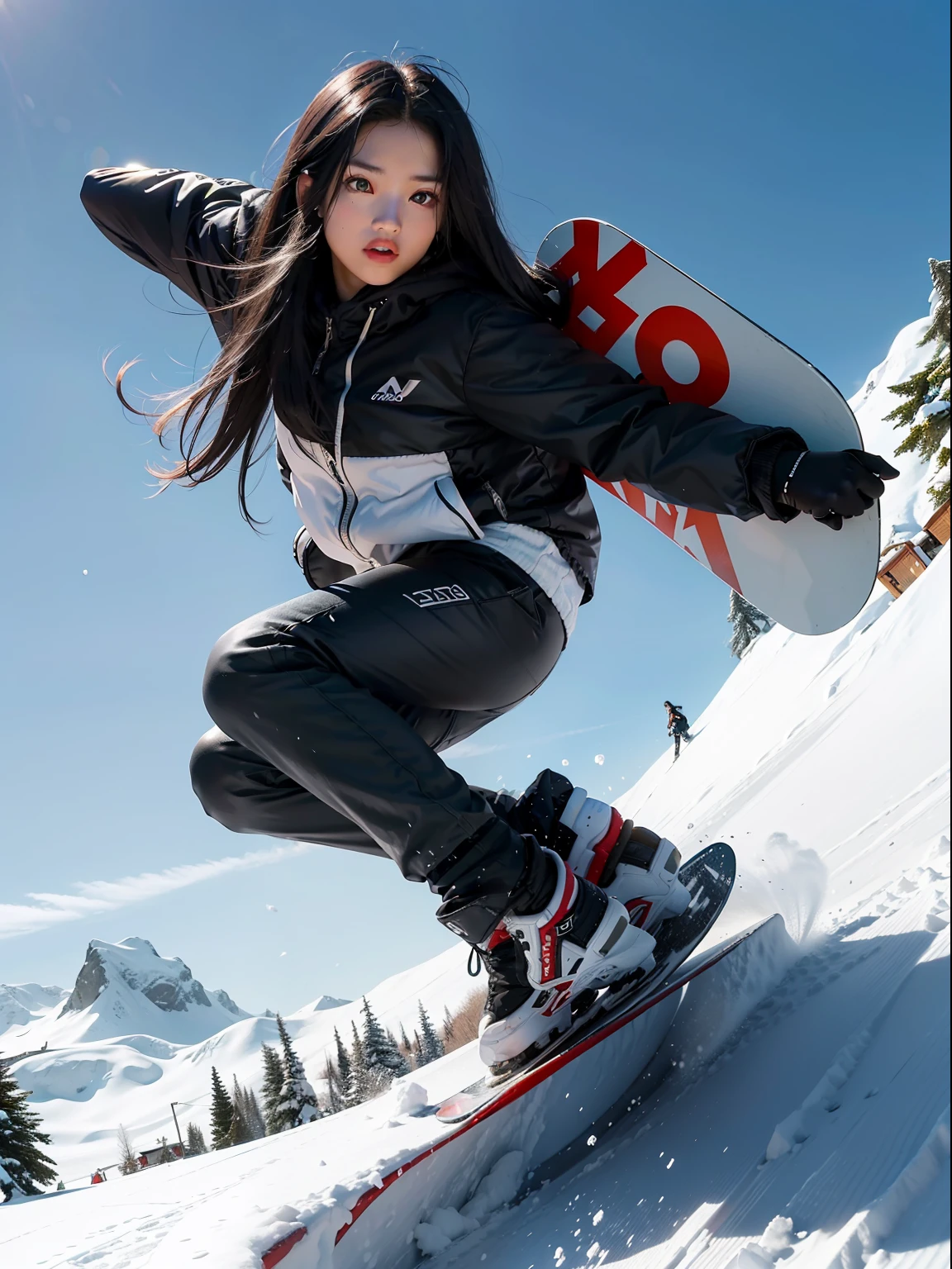 (8k wallpaper，tmasterpiece，Optimal image quality)，Show on the(Snowboarding:1.2+Frozen)scene，A(Gao Leng 25-year-old black-haired girl:1.3)，[Dynamic angle，Cool sassy aesthetic，China-style]，Face-to-face shot