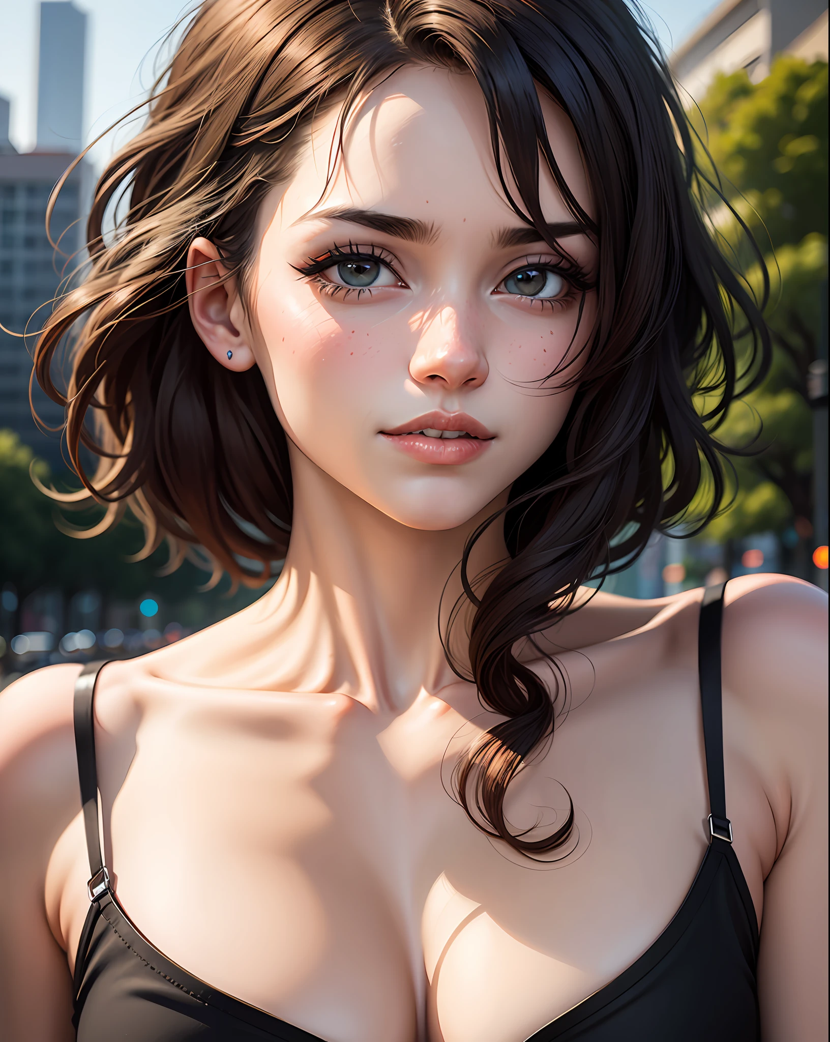 Hanna howo, retrato, rosto bonito, lindos olhos, lado de fora, retrato, parque, brazi, dentes, olhos abertos, foto vencedora da ala, melhor qualidade, parte superior do corpo, Hannahowo, cabelo preto soprado pelo vento, By Lee Jeffries Nikon D850 Film Stock Photography 4 Kodak Cameras 400 F1 Lenses.6 rich colors realistic texture hyper realistic natural lighting unreal mechanism trend in artstation cinestill 800, (100 millimeters), She is wearing a very sensual and provocative black neckline dress, pintura colorida no rosto, Olhos azuis claros, fotografia de corpo inteiro super realista e detalhada, cintura fina, pernas suavemente grossas.