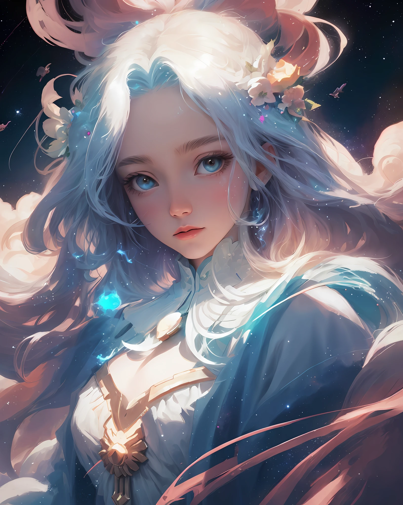 celestial goddess, floating, clouds,galaxy,nebula,big white flowers in hair