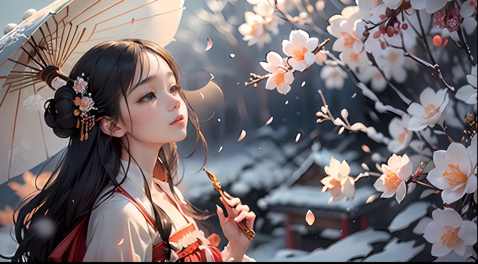 There is a woman in red dress holding a white umbrella, traditional Chinese white umbrella, wild snow scene, a girl in Hanfu, Hanfu, Chinese girl, Chinese woman, Chinese style, white Hanfu, red shawl, snowing, distant scene one A peach blossom tree, full of peach blossoms, a few villages of peach blossoms stretching down from the close-up view, a lot of peach petals floating in the air, heavy snow with goose feathers, 2 colorful butterflies flying, traditional Chinese clothing, cover photo Du&#39;s portrait Juan, portrait photo, China Princess, wearing red cheongsam, inspired by Tang Yifen, black haired goddess, beautiful brunette girl, oriental girl, master work, best picture quality, higher quality, high detail, super high resolution, 8k resolution, depth of field, Cinematography, Intricate detail, Elaborate, Meticulous, Magnificent, Maximum detail, Extreme beauty, (((1girl, solo))), 18age, Long hair, Black hair, White skin, Realistic, Masterpiece, (best picture quality), higher quality, high detail, super high resolution, panorama, exquisite facial features, perfect face, glowing skin, dreamy background, women, girls, angels, mini girls, goddesses, poets, shy, Surprise, shoulder-length hair, black hair, sharp and clear focus, three-dimensional silhouette, correct proportions, realistic portrait, face close-up, a very temperamental beautiful girl, slender figure, exquisite facial features, flowing long hair, Black hair, extremely detailed hair description, (collarbone), perfect face, clean and flawless face, long eyelashes, light pink eye shadow, shallow dimples, blush, watery big eyes crystal clear, delicate cream Glowing skin like skin, detailed skin details, CFG scale: 8, Hires upscale: 1.5, PT: Luo Tianyi, Shenli Linghua, LoRA: Hanfu 2.5D-4(0.3), Asian Face Girl-1(0.15) , OC rendering--V6