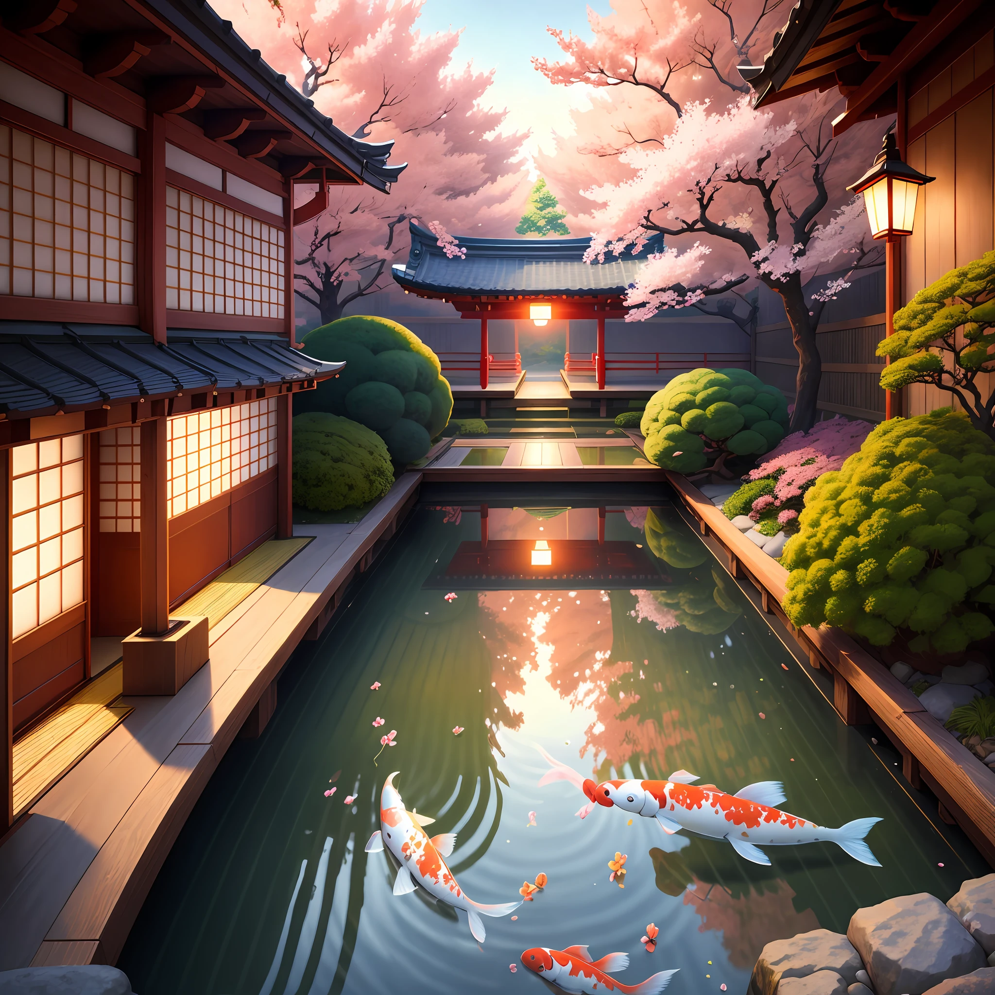 (digital painting),(best quality), serene Japanese garden, cherry blossoms in full bloom, koi pond, footbridge, pagoda, Ukiyo-e art style, Hokusai inspiration, Deviant Art popular, 8k ultra-realistic, pastel color scheme, soft lighting, golden hour, tranquil atmosphere, landscape orientation