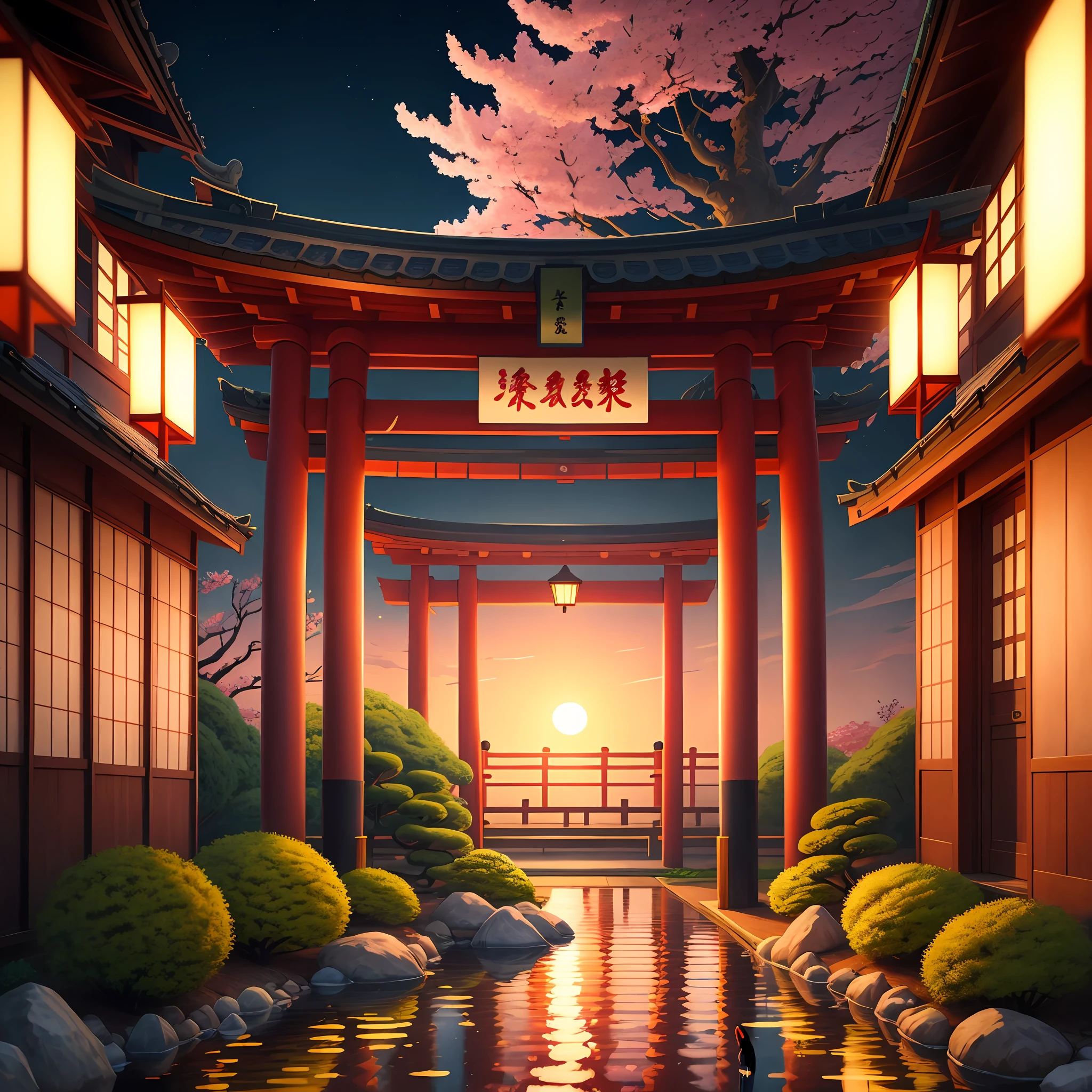 (digital painting),(best quality), serene Japanese garden, cherry blossoms in full bloom, koi pond, footbridge, pagoda, Ukiyo-e art style, Hokusai inspiration, Deviant Art popular, 8k ultra-realistic, pastel color scheme, soft lighting, golden hour, tranquil atmosphere, landscape orientation