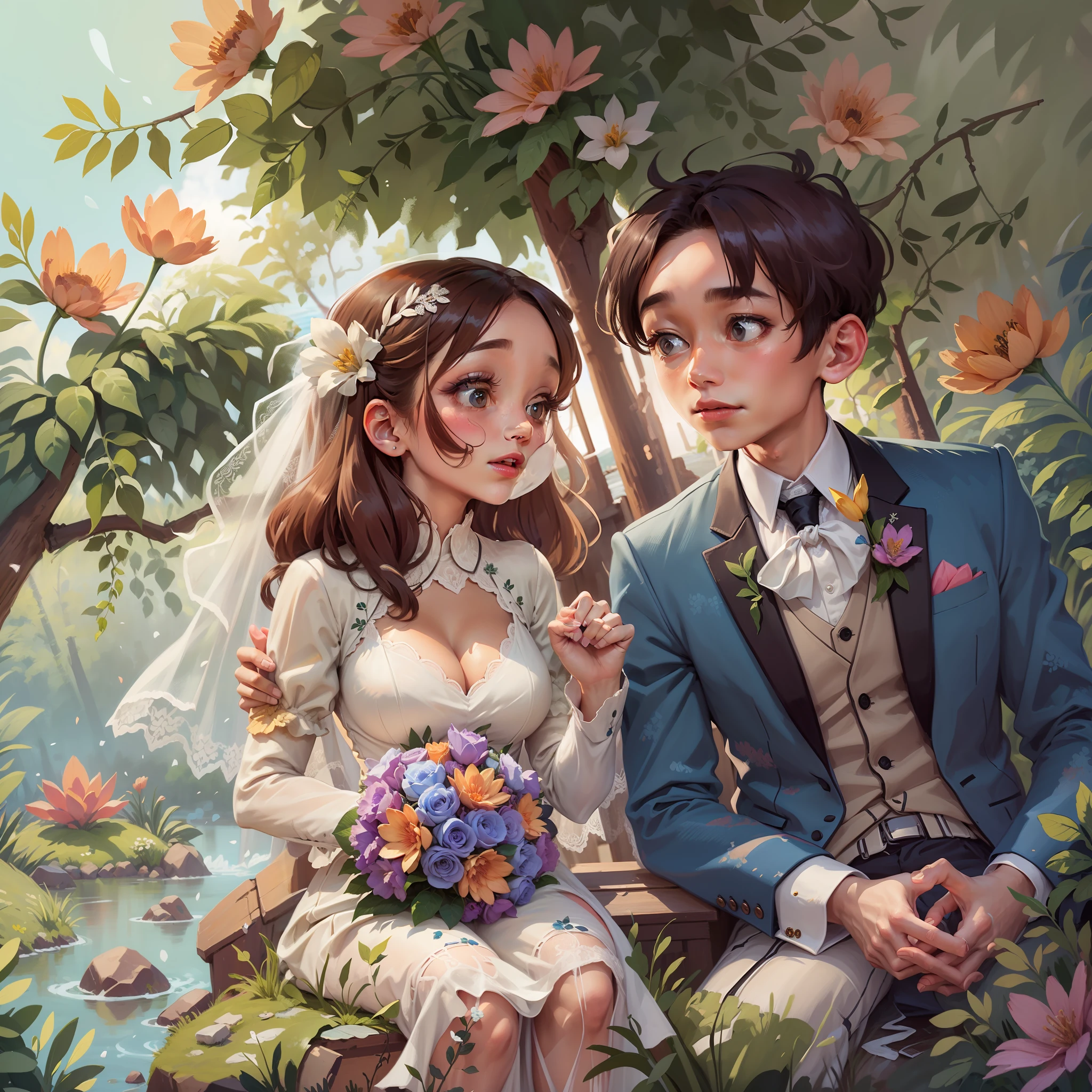 A couple holding hands，The girl wears a noble long-sleeved white lace wedding dress with a bouquet in her hand，The boy is wearing a blue suit，All sit in the garden，Lots of flowers by the lake，38th anniversary message，closeup cleavage