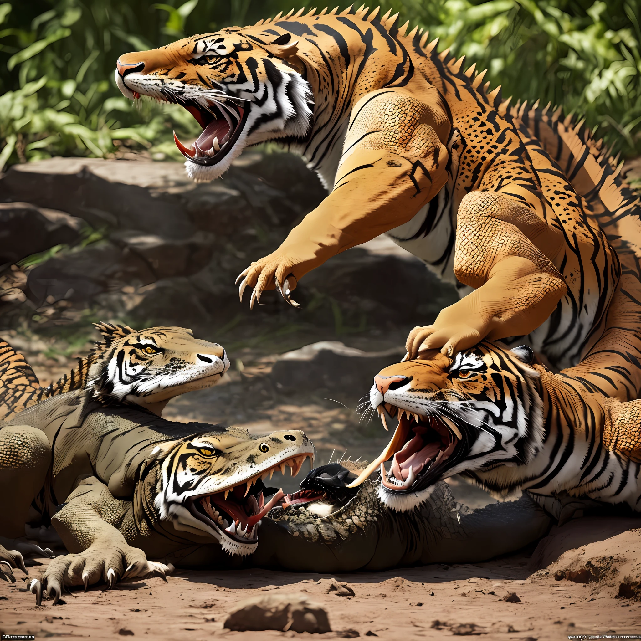 A tiger attacking a comodo dragon, biting him on the bloodied neck. --auto