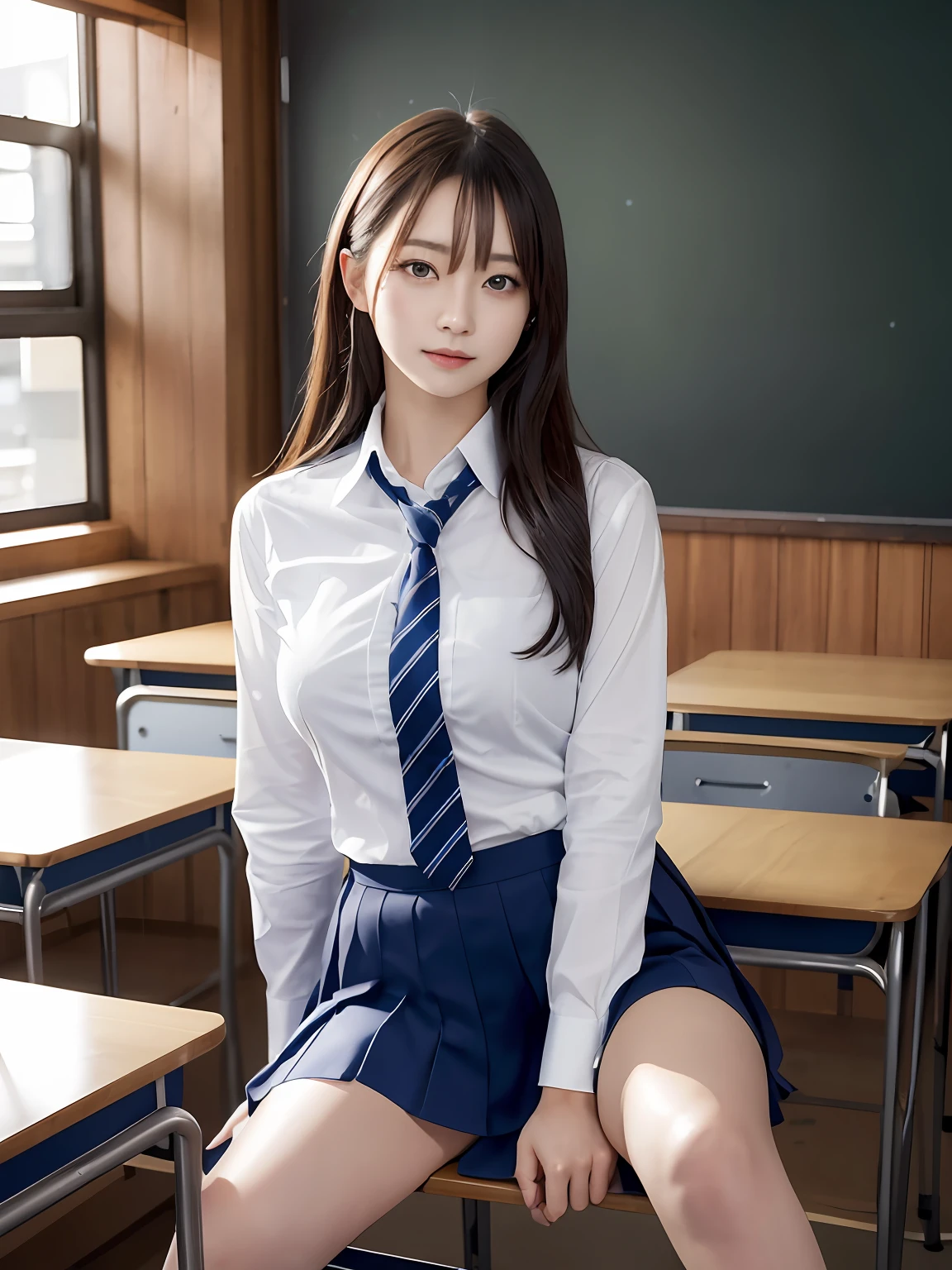 masutepiece, Best Quality, japanaese girl, 8K, Raw photo, top-notch quality, masutepiece, nffsw:1.2, exceptionally detailed RAW color photo, professional-grade photograph, (Realistic, Photorealistic:1.37), (highly detailedskin:1.2), Ultra-high resolution, (lenz 50mm), (masutepiece, top-quality:1.3), (Ultra detailed 8K cg:1.2), (hyper realisitic:1.35), (Photorealistic:1.45), (Realistic:1.4), Cowboy Shot,
1 beautiful Japanese girl, 22 years old, super model, Japanese Idol, __expression__, Large breasts, (sitting on the desk:1.1), (School uniform:1.4), (Spread legs:1.2),
(School classroom background:1.1)、Korean Idol、Nogizaka Idol、hposing Gravure Idol、Adults、女優