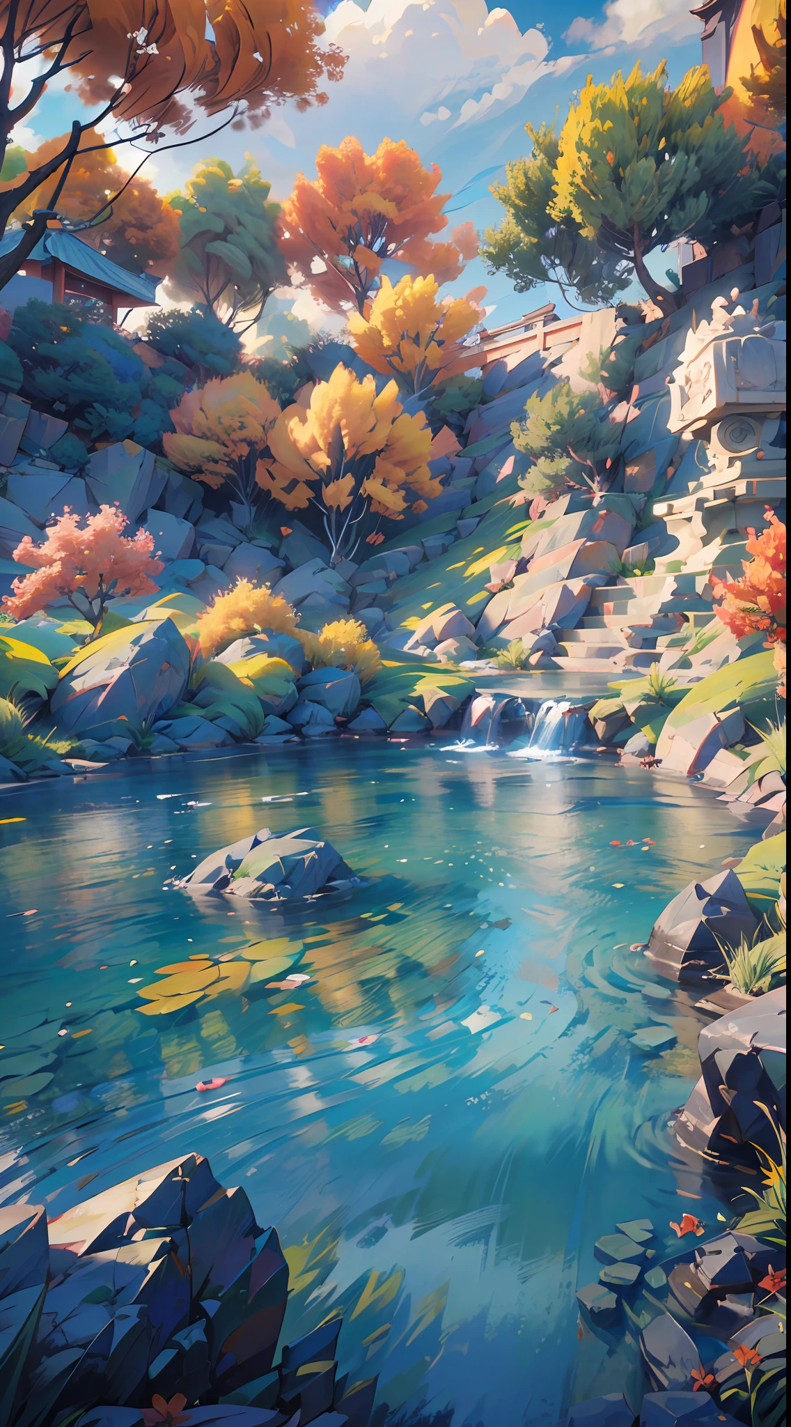An incredibly detailed and photorealistic CG unity 8K wallpaper, the beauty of a classical Chinese garden, The stunning landscape features a serene lake and river surrounded by lush vegetation and majestic trees, natural light, blue sky, fluffy clouds, waterfall, Bokeh, Depth of Field, HDR, Bloom, Chromatic Aberration, and Intricate detail