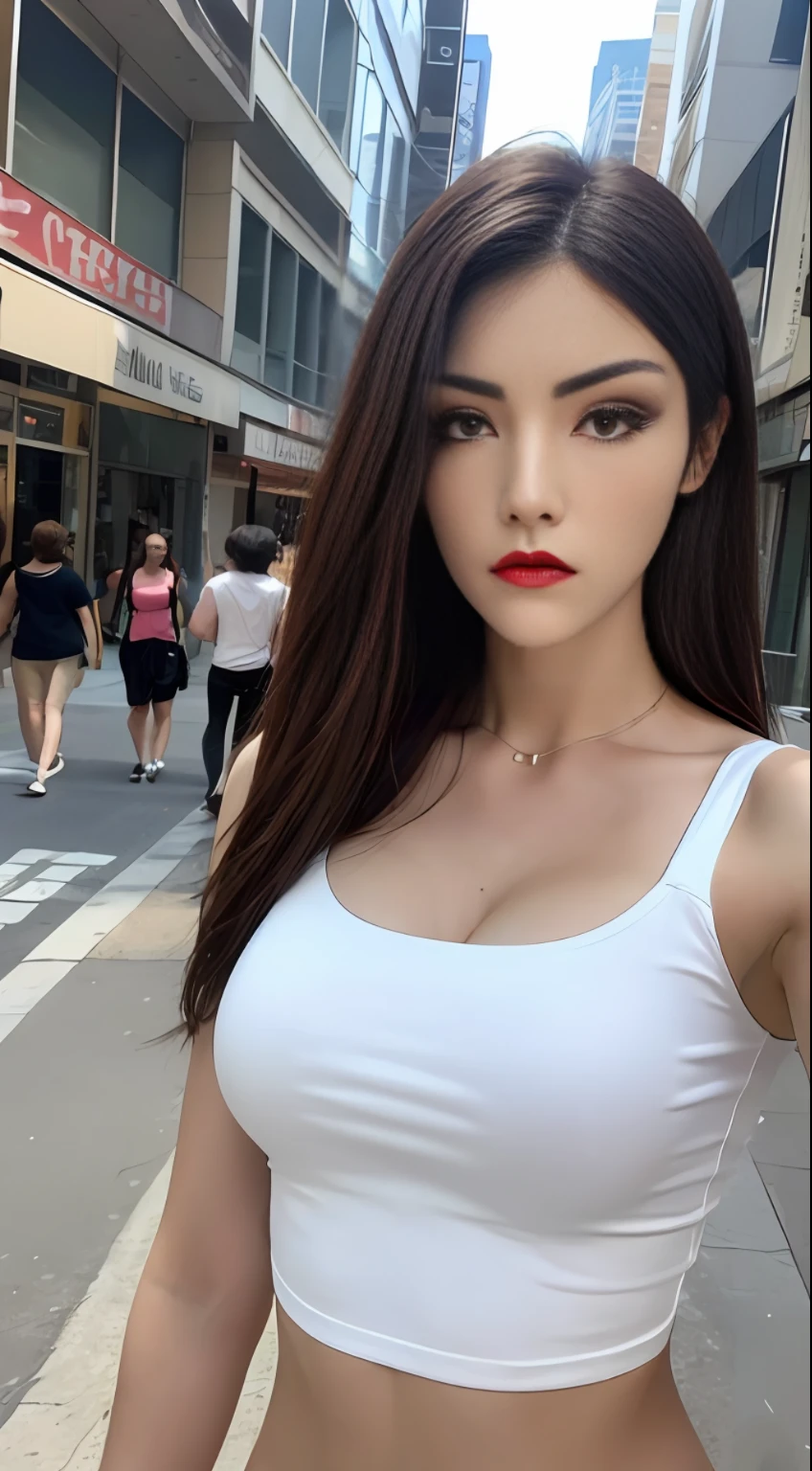 ((Realistic lighting, Best quality, 8K, Masterpiece: 1.3)), Clear focus: 1.2, 1girl, Perfect Figure: 1.4, Slim Abs: 1.1, ((Dark brown hair)), (White crop top: 1.4), (Outdoor, Night: 1.1), City streets, Super fine face, Fine eyes, Double eyelids,
