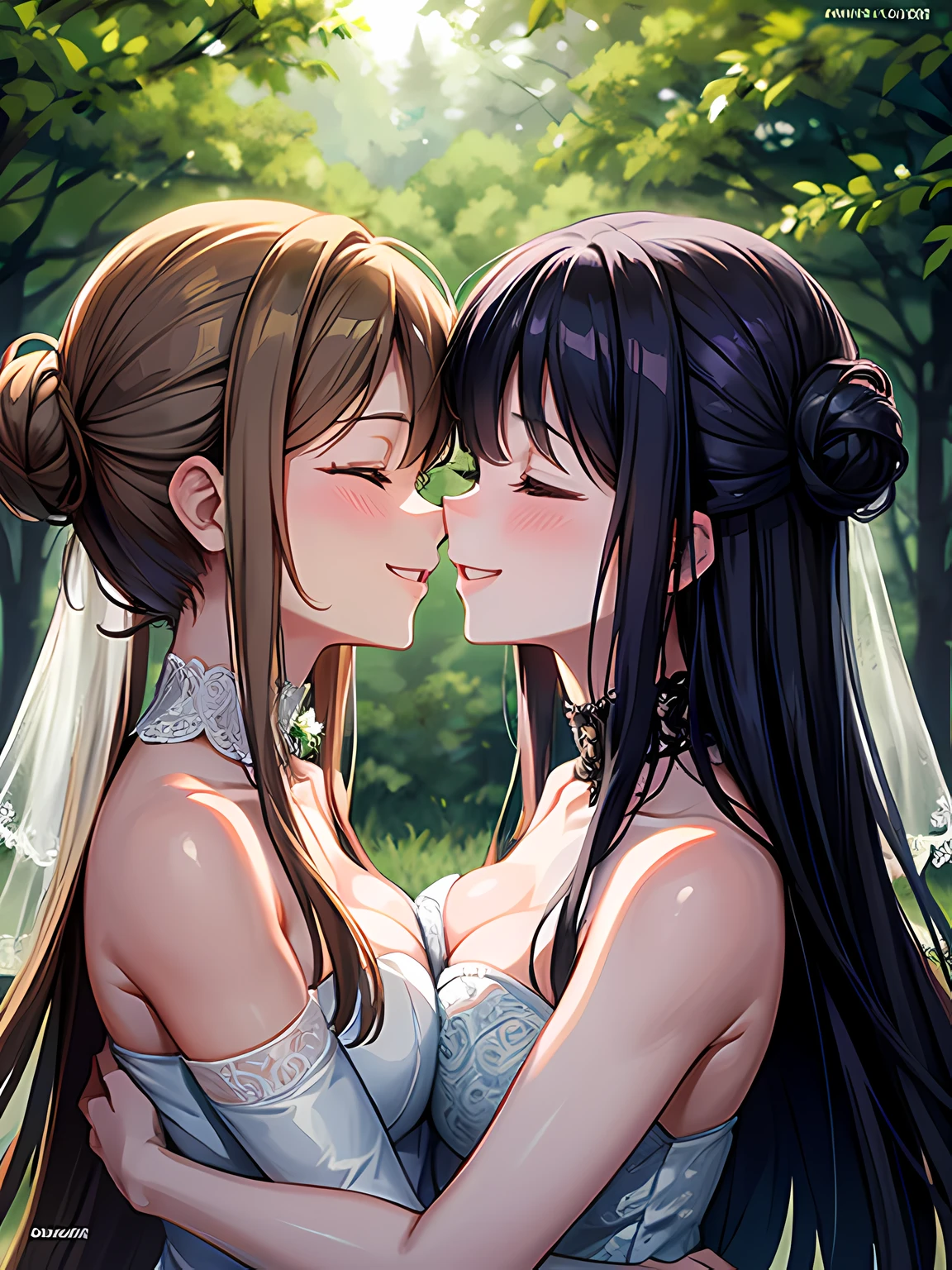 brides in the woods hugging and smiling at each other, lesbian embrace, lesbian kiss, beautiful gemini twins portrait, two beautiful women in love, brown hair in two buns, hugging each other, multiple, kissing each other, portrait of two girls kissing, smiling at each other, conjoined twins, entwined in vines and nature, lesbian, portrait of women embracing