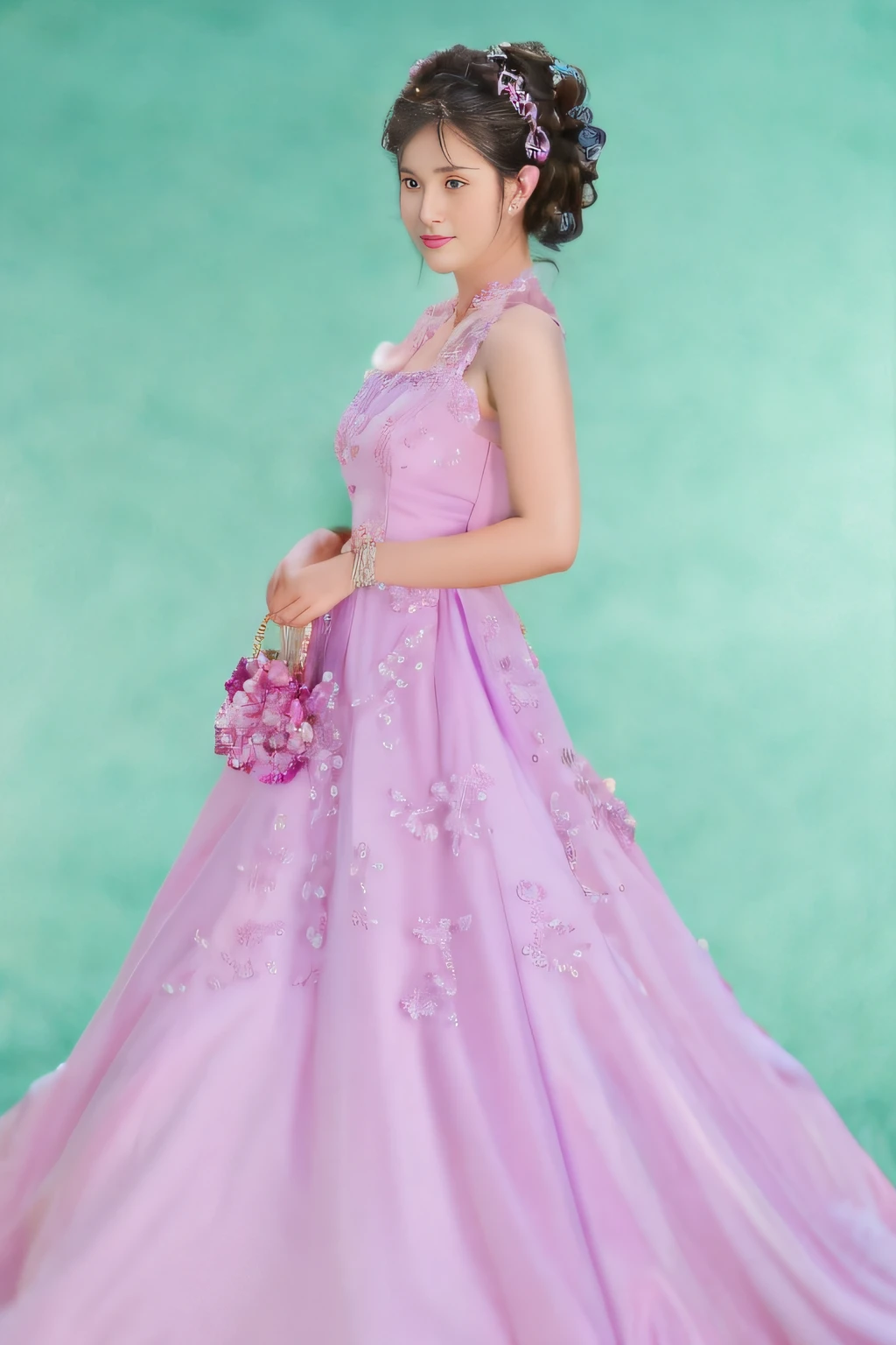 Arad woman in purple dress holds purse and a purse, in wedding dresses, wearing long gown, wearing a pink ballroom gown, in wedding dresses, Dress in a purple wedding dress, in long pink or violet dresses, Wearing a pink floral wedding dress, full - length view, fully body photo, wearing a formal dress, full body portrait shot