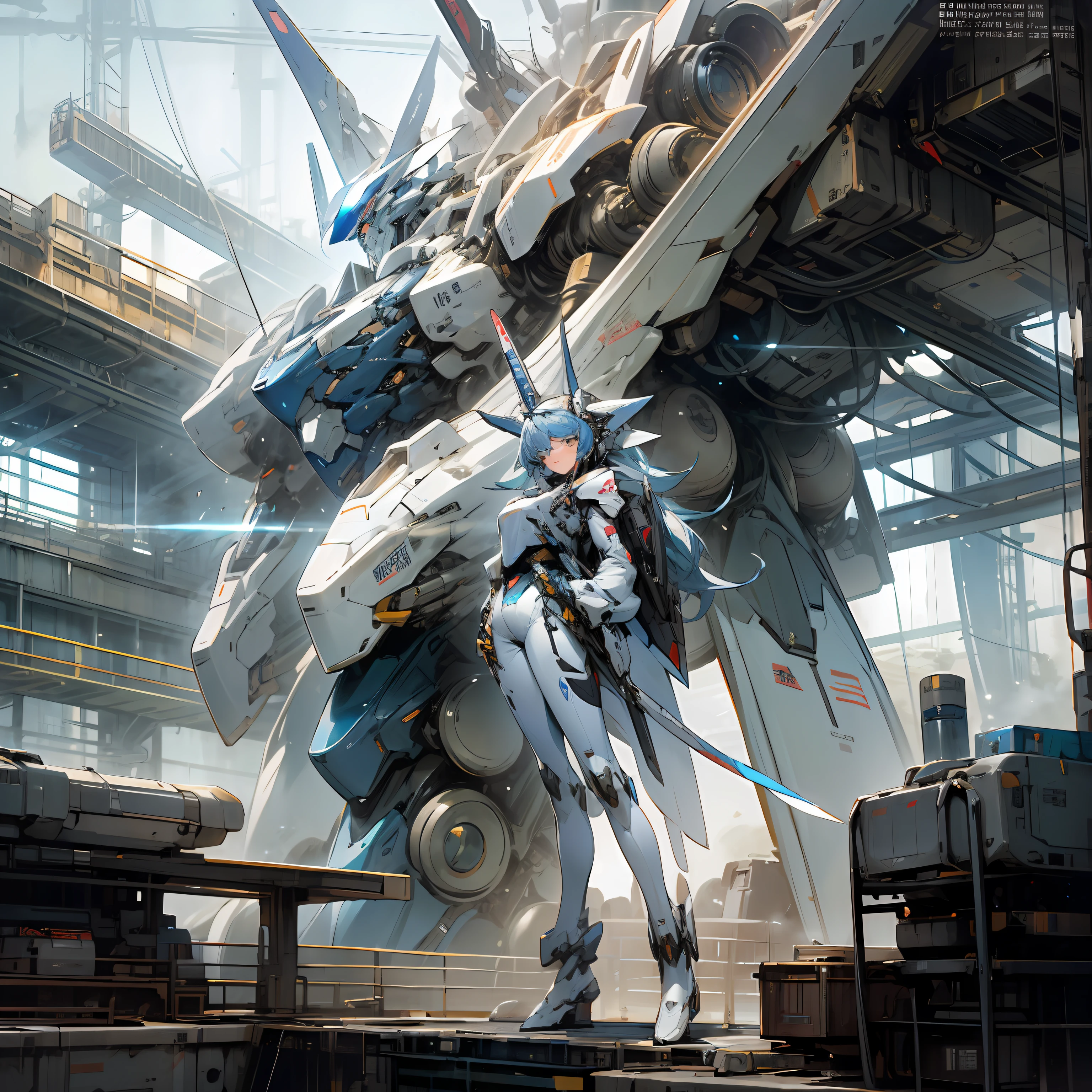 The full picture of the mecha、Side Body、Giant white mech、Blue accents、Carry a giant sword、mecha asthetic、Futuristic mech style,废墟、Long legs、Look up、Grand background、wide angles、in a panoramic view、over distances --auto