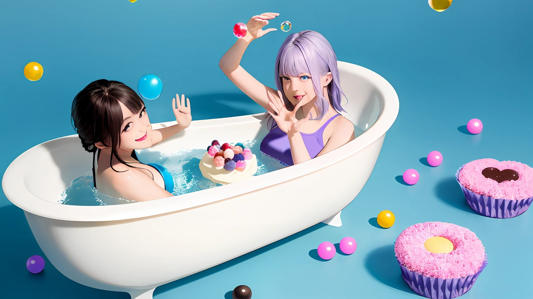 masterpiece、(Photorealsitic:1.4)、top-quality、beautiful lighting、(ulzzang-6500:0.5)、Makima \(chain saw man\)、(Bob hair)+(A dark-haired)+(bangss)、blue eyess、blue eyess、crying how bright、((Ring-shaped eyes))、RAW Photography、8k UHD、film grains、(masutepiece, High-quality graphics, Super Details: 1.2, 4K), Girl with lilac hair and blue eyes dipped in cake, Fluffy cake, (Full body image: 1.5), Legs sticking out of the bathtub, Cakes dotted with sweets and snacks, Bubbles, Smiles, Reach out to touch the floating bubbles, Blue background, Floating soap bubbles