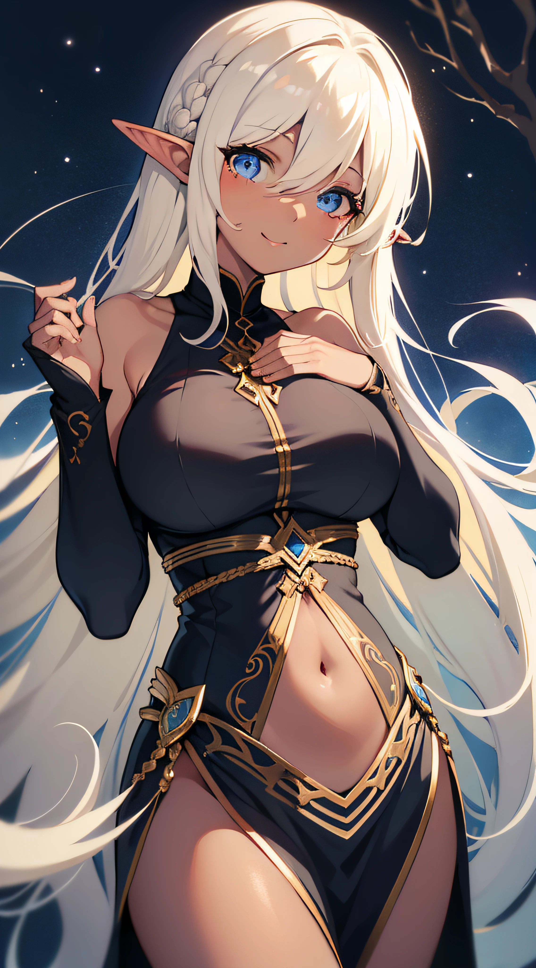 (Black skin:5.0、elvish)、Fantasia、blue eyess、very long bangs、very long transverse hair、hair over eyes:2.0、a blond、Majestic nature、Ridiculously large breasts、Priest、Clothing with slits、A slight smil、Futomo、closing eye、Chest close