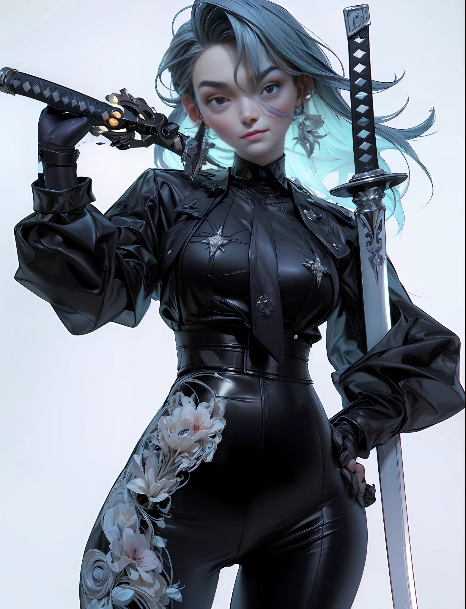 There is a woman in a black outfit, Holding the Sword, ross tran 8 k, 3d rendered character art 8 K, ross tran style, by Russell Dongjun Lu, in the style of ross tran, stunning character art, artwork in the style of guweiz, hyperdetailed fantasy character, by Ross Tran!!!, rossdraws 1. 0, epic exquisite character art
