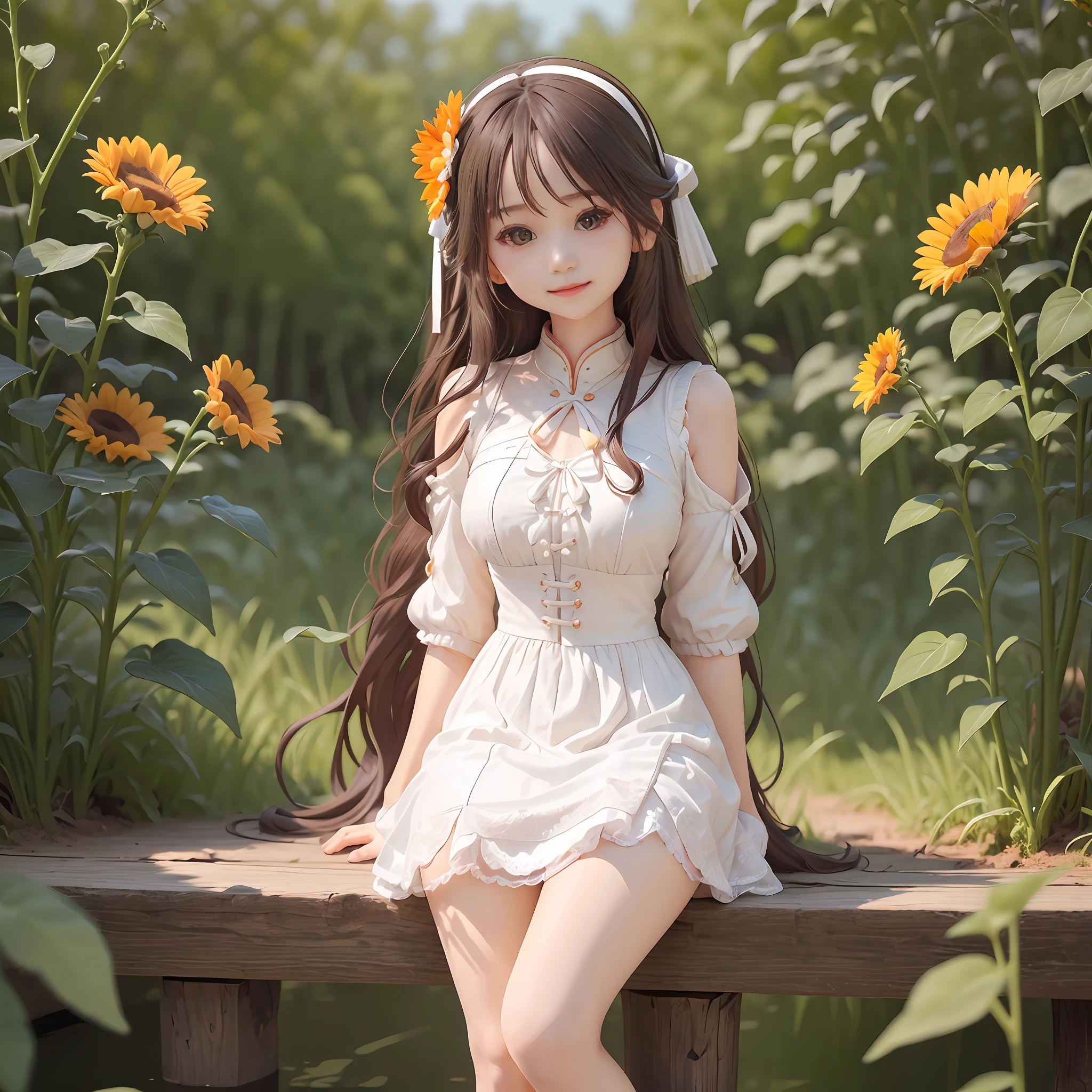 (best qualtiy：1.3），（tmasterpiece：1.3），（realisticlying：1.3），（the detail：1.1）,Chinese little girl，Beautiful and beautiful，adolable，ssmile，（Pure black long flowing hair：1.3），Ultra-fine drawn face shape，Wearing a white dress，（Bust photo:1.3)Sunflower trail，Morning sun，8K,Master masterpieces，Premium wallpapers，Highest high resolution，（Fingers correct：1.3）