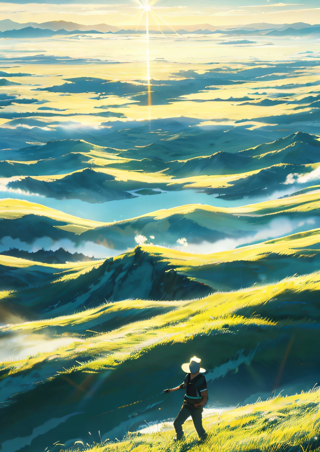 Vast sky, beautiful skyline, large grassland, moving visual effects, hanging north star, colorful natural light.
