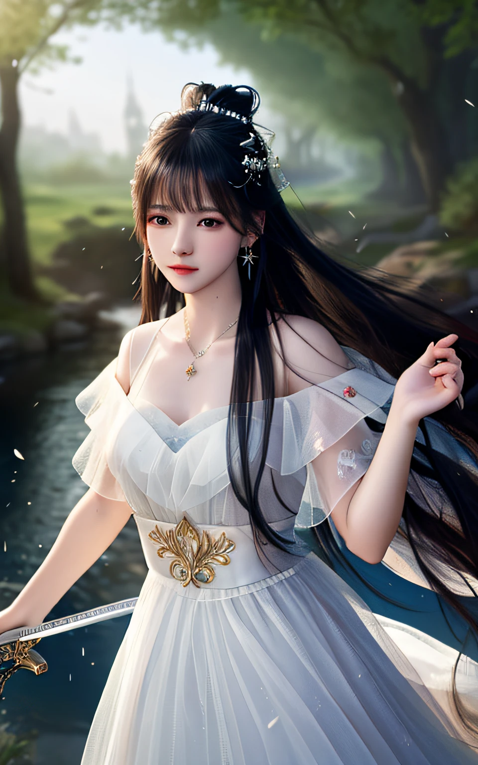 best quality,masterpiece,highres,cg,
1girl,weapon,sword,long hair,dress,water,solo,jewelry,white dress,earrings,hair ornament,splashing,upper body,hair bun,black hair,
lighting,candid,Photograph,high resolution,4k,8k,Bokeh,