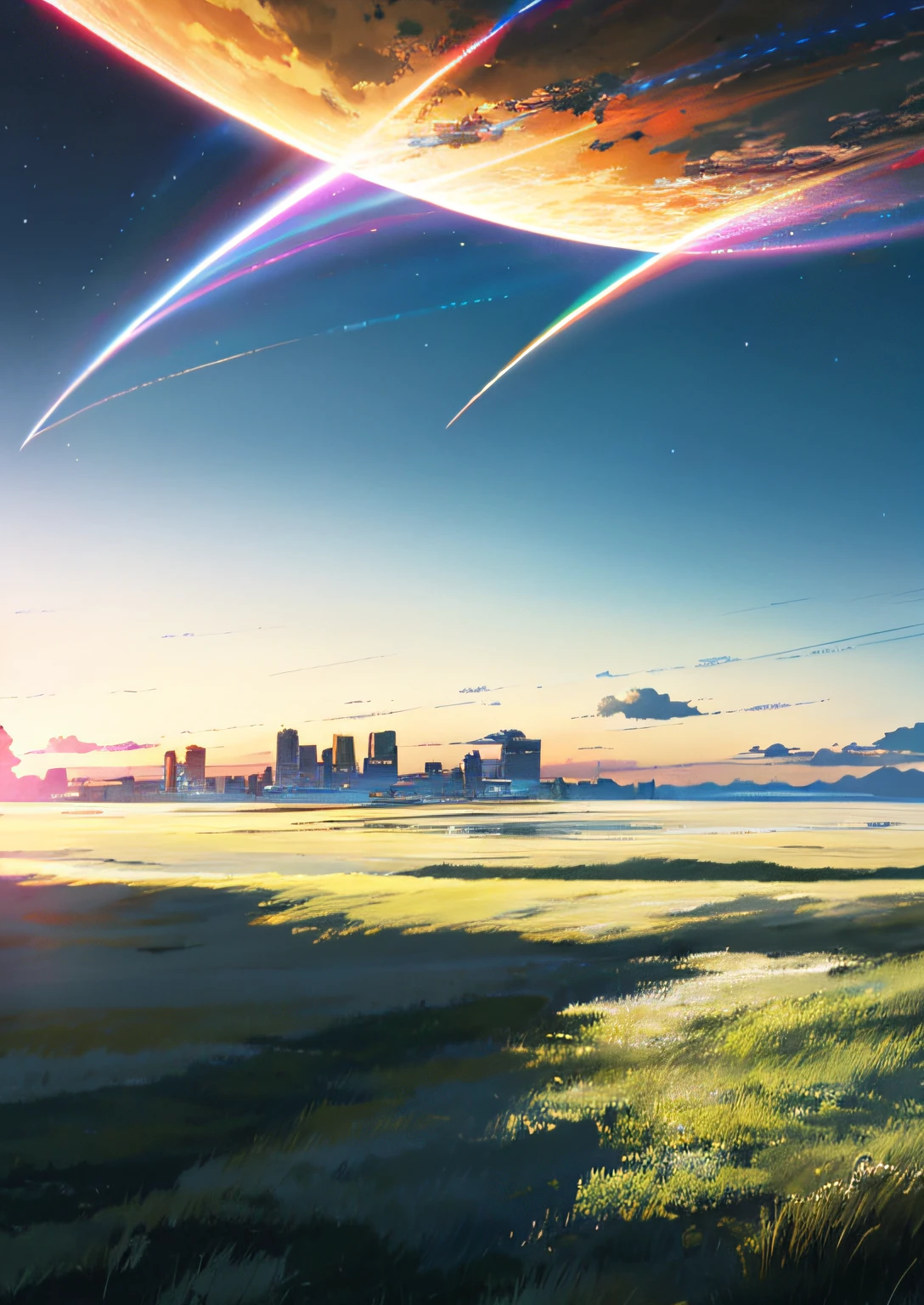 Vast sky, beautiful skyline, large grassland, moving visual effects, hanging north star, colorful natural light.