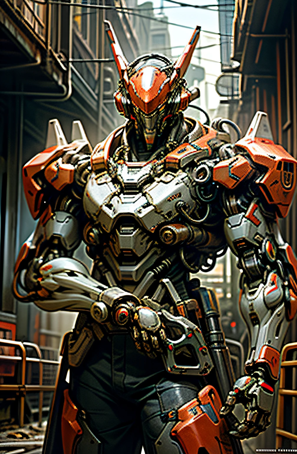 Dark_Fantasy,Cyberpunk,(chain saw,chain saw man,Red:1.1),1man,Mechanical marvel,Robotic presence,Cybernetic guardian, wearing a worn-out mech suit, intricate, (steel metal [rusty]), elegant, clear focus, shot by greg rutkowski, soft lighting, vibrant colors, masterpiece, ((street)), cowboy shot, dynamic pose,