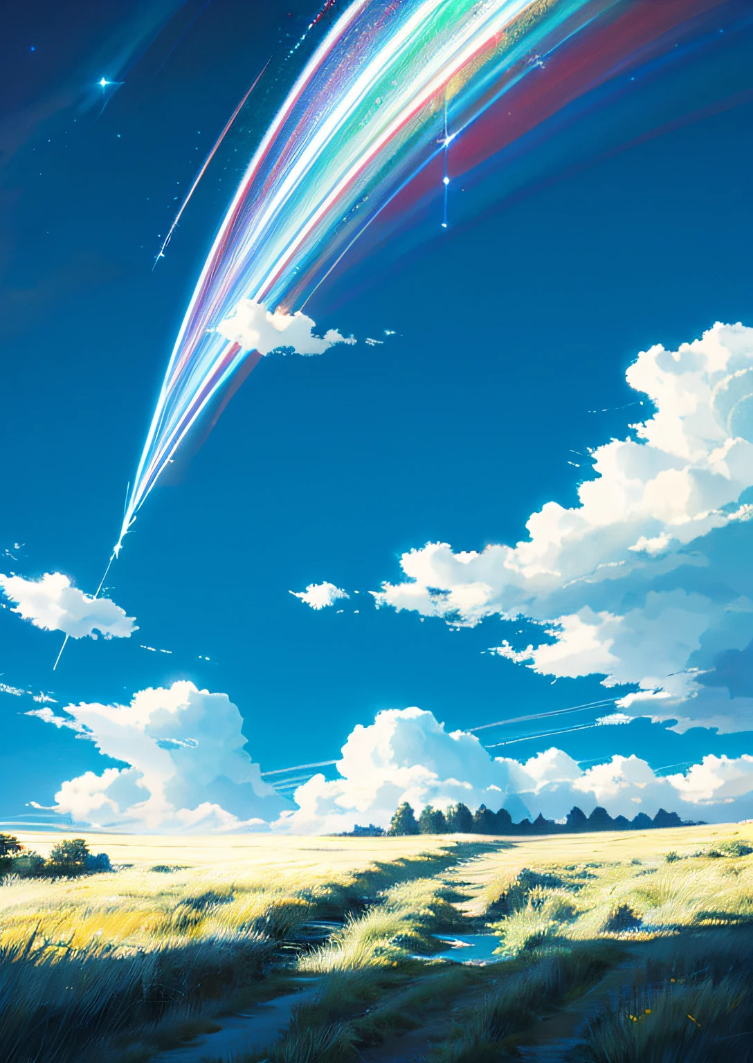 Vast sky, beautiful skyline, large grassland, moving visual effects, hanging north star, colorful natural light.