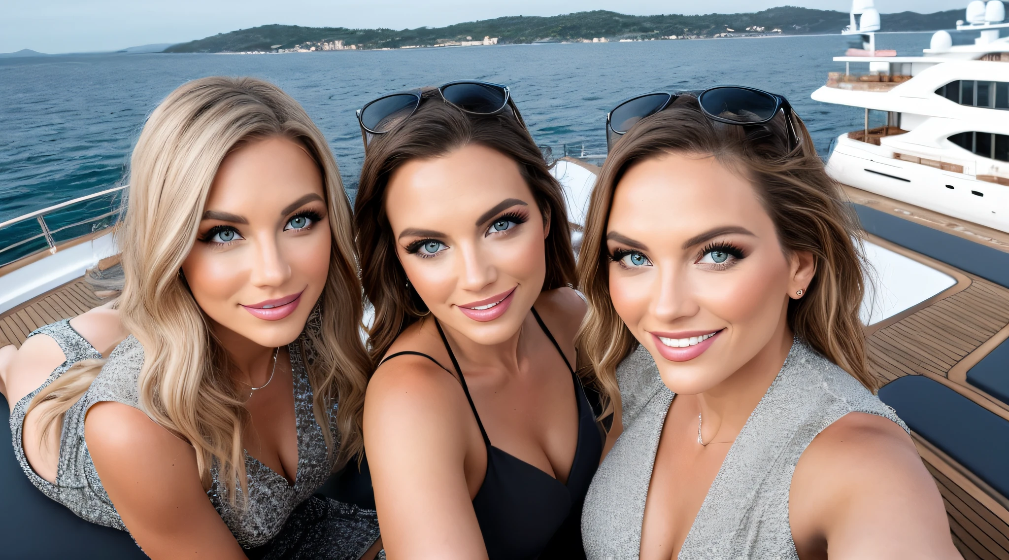 3 Super models 40 years old at a super yacht party, [[[[full shot]]]], [[[[pool party]]]], [[[[fun]]]], [[[[mid day]]]], perfect eyes, perfect iris, perfect lips, perfect teeth, perfect skin, soft front light, glow, HDR, (muted colors:1.2) modern architecture, 8k, 14mm lens, wide angle shot,