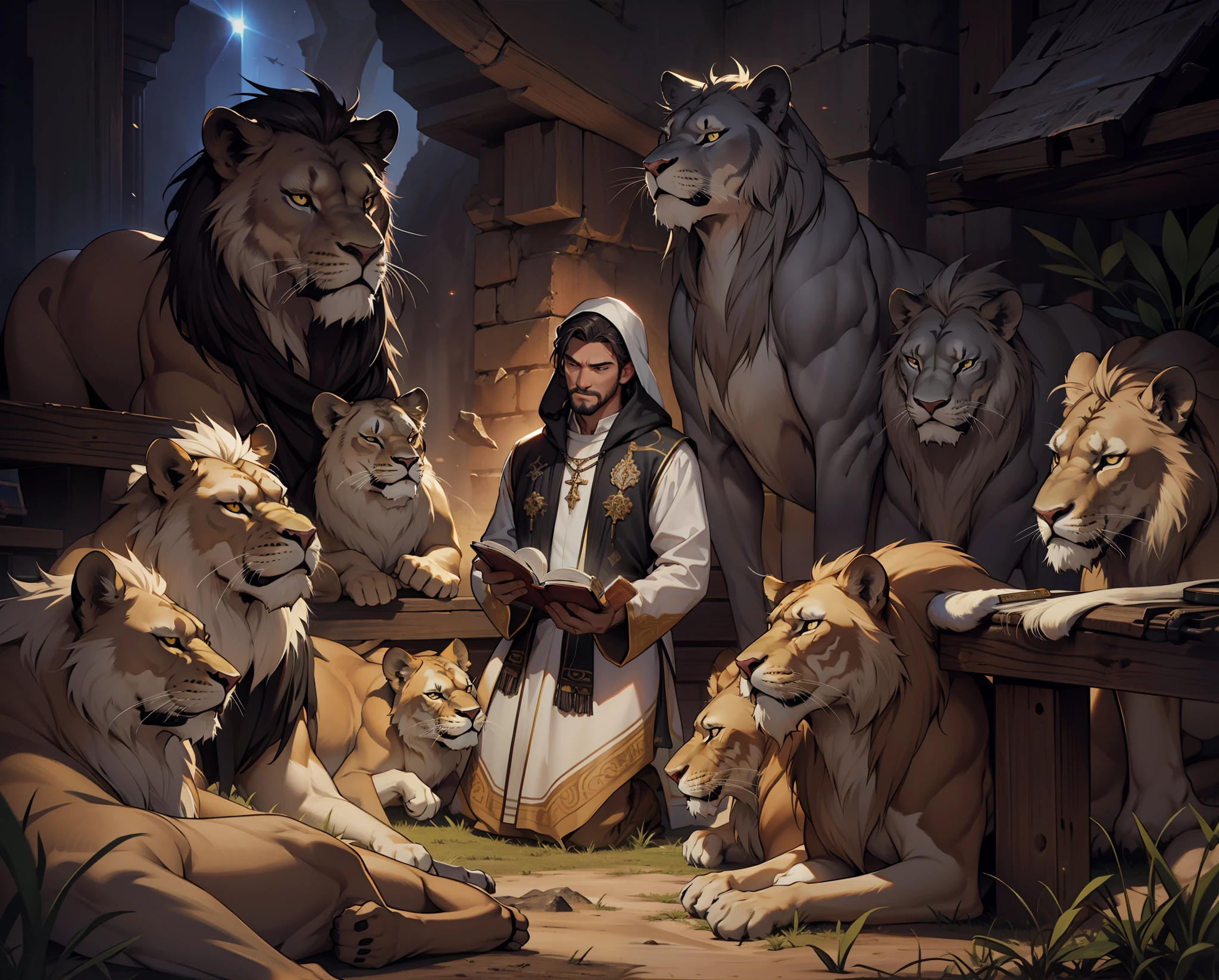 Great for 3D movie, man of faith, Bible in hand, doa, luz celestial em volta dele, hungry lions, cores vibrantes