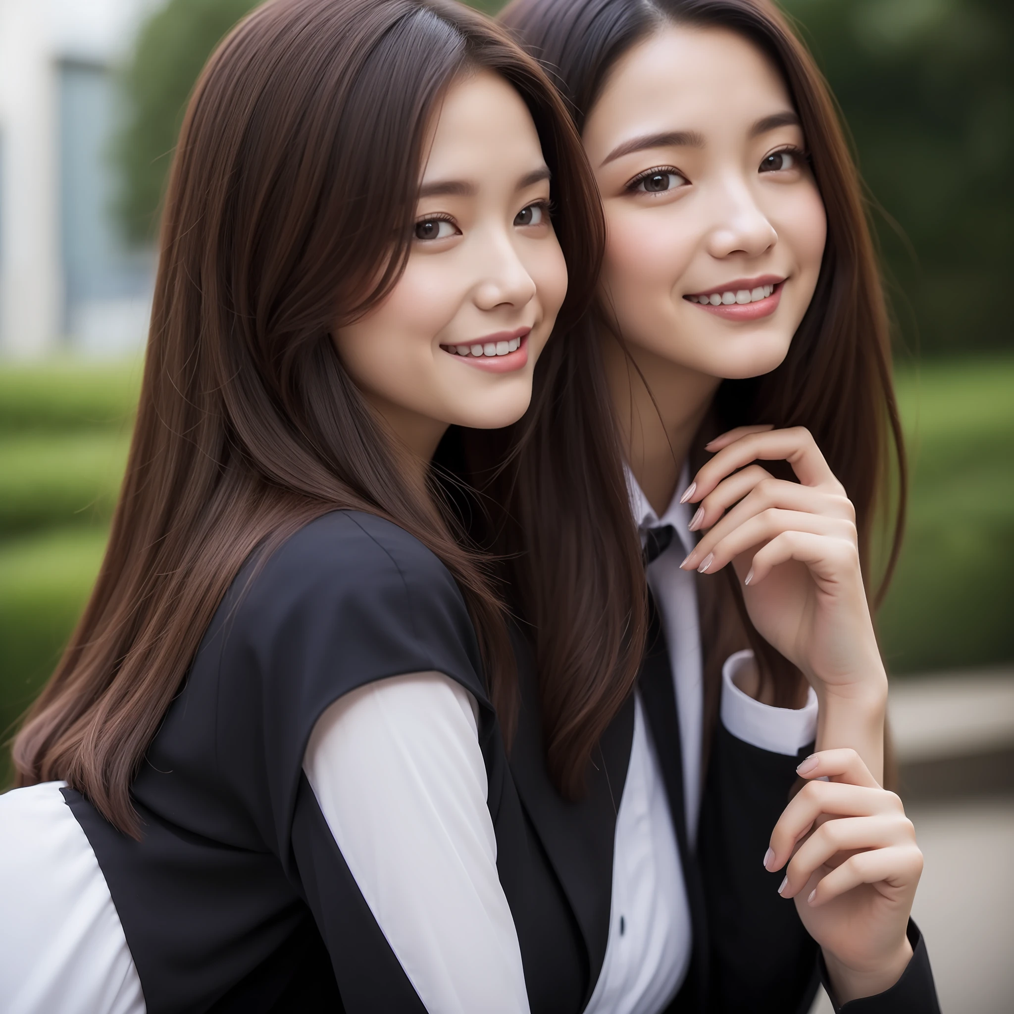 ((best qualtiy,8K,tmasterpiece:1.3)), 1girll, ssmile, full bodyesbian, Slim Faces, Beautiful woman, (dark brown hair), Beautiful OL uniform dress:1.1, Super detailed face, Detailed eyes, 二重まぶた, blur backgroun, Slim Faces, 城市, do lado de fora, the street,huge tit