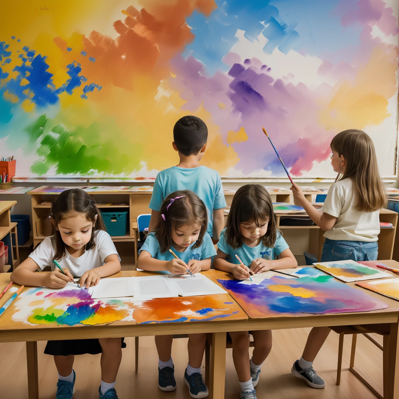 An engaging image depicting a group of 7--oldsan arts classroom, cada uma delas focada em sua pintura individual. Os rostos concentrados, colorful brushes in your hands and tables full of paints, Brushes and papers, criando um ambiente inspirador e colorido.