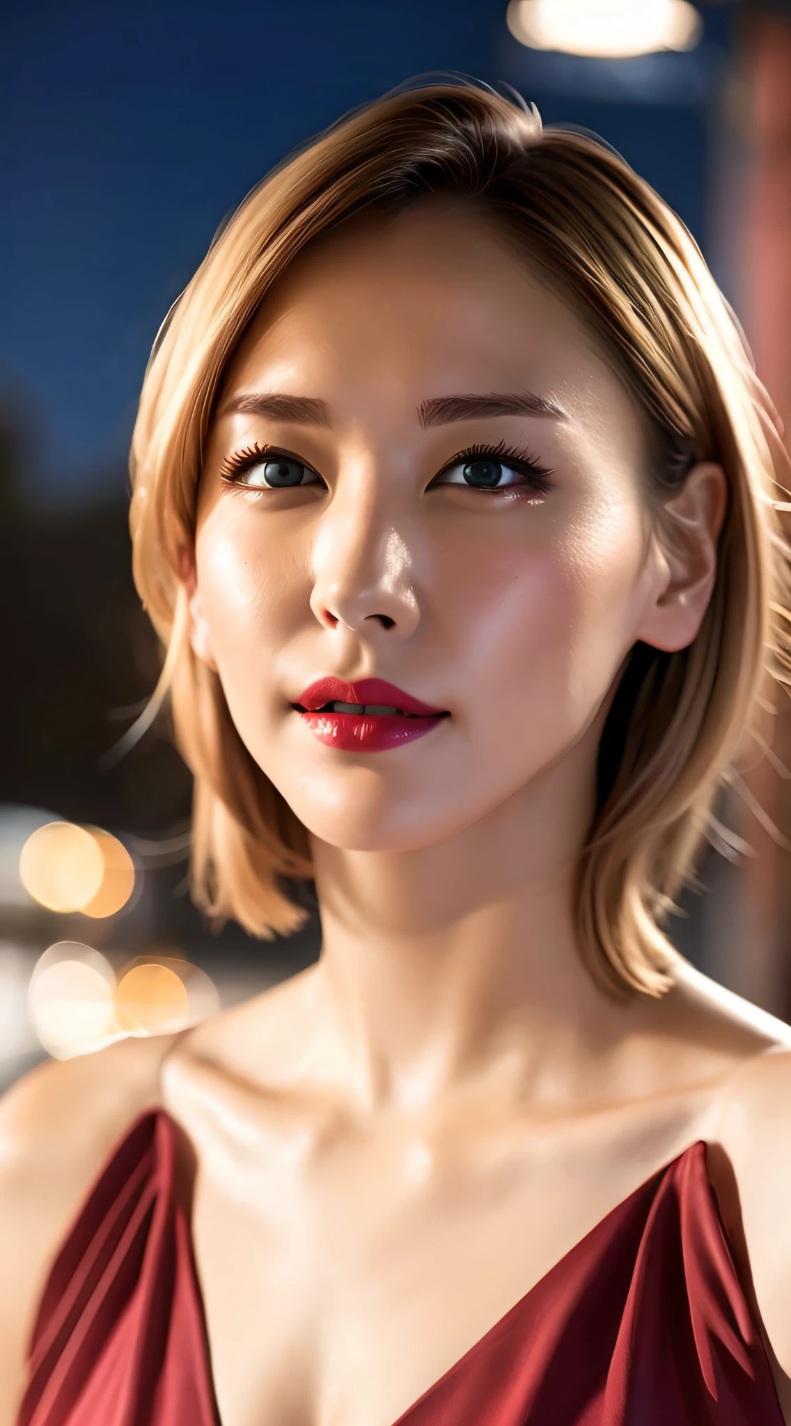 ((blonde)), ((blonde)), girl, blue eyes, red lip, night street, face lighting, bright backlighting, ultra high resolution, best quality, photo, 4k, (photorealistic: 1.2), bikini