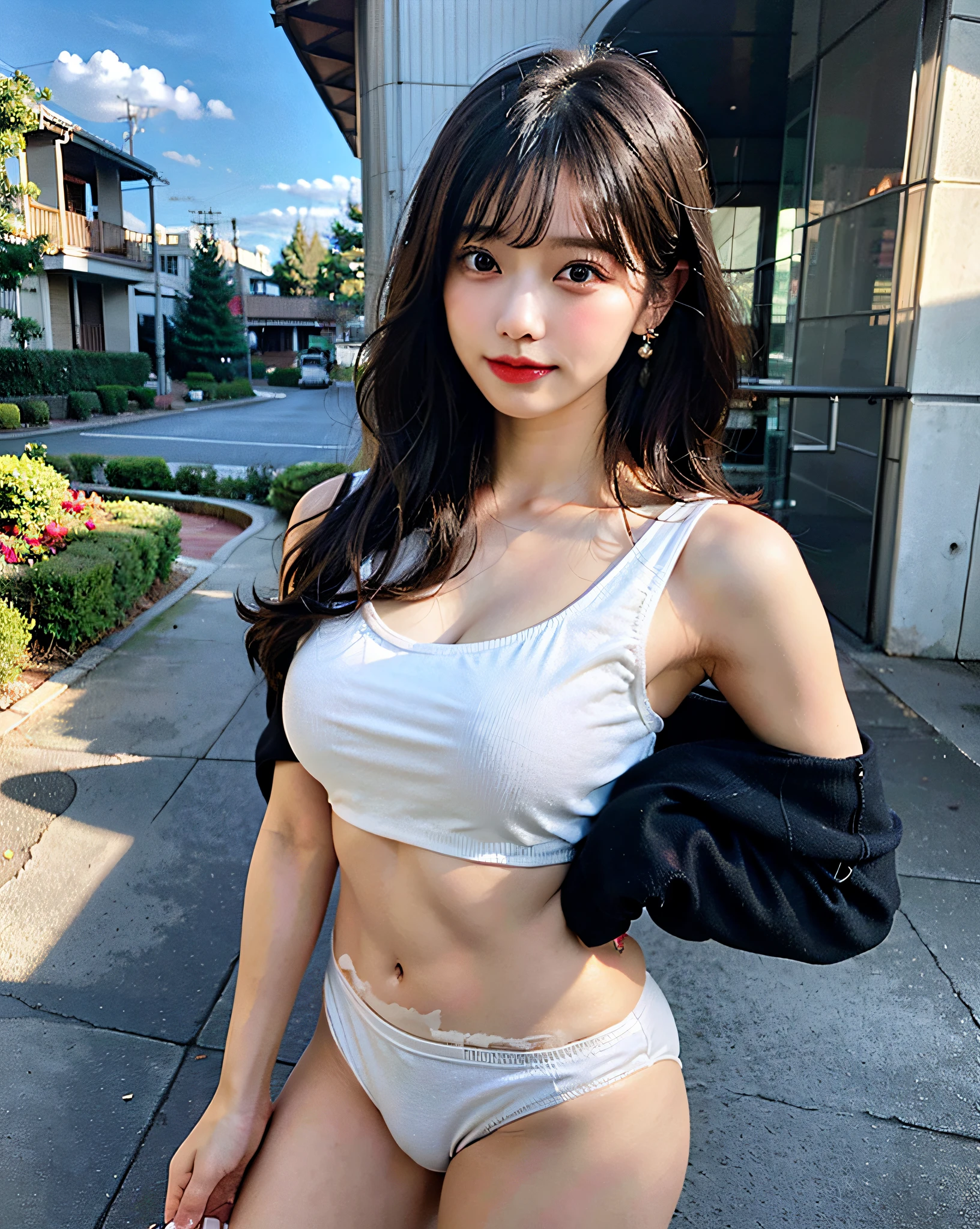 top-quality、Hi-Res、8K、Girl 1 Mature Mature Mature Woman Person、during the day、、A dark-haired、short-cut、with light glowing、outside of house、Luxury、(Medium Hair)、Beautiful detail sky、Beautiful earrings、Soft breeze、shinny skin、line of sight、Bust、「Girls Squats。Toned abs。Spread your legs in an M shape,、Raise your hand(So much so that you can see your armpits.。Wearing black pajamas。The background is a house。Focus on」Every detail of the image、The use of dynamic angles is、Shows the elegance and romanticism of the image. This character has big breasts、With no pan、It has the shape of a camel toe。」、Show viewers white panties
