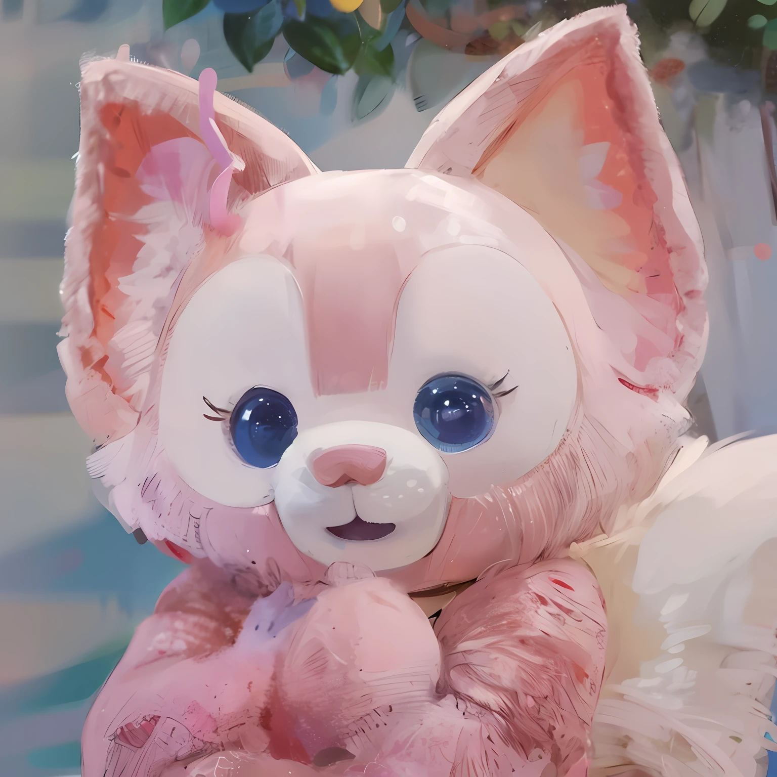 There is a pink stuffed animal，Big blue eyes, disney's bambi cat, Pink fox, cute fumo plush fox girl, the bunny has pink fur, disney stylized furry, plush mascot, 3D Precious Moments Plush Cat, pink iconic character, kemonomimi, the bunny has pink fur, very beautiful cute catgirl, plushies, elokitty