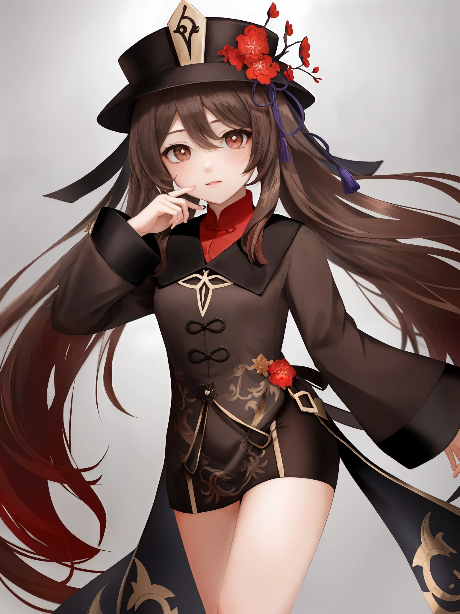 professional  full body photo of pikkyhutao, brown hair, long hair, symbol-shaped pupils, solo, red eyes, looking at viewer, twintails, flower, hat, long sleeves, bangs, blush, jewelry, hat flower, black headwear,
detailed skin, detailed eyes, detailed face,
volumetric light, highrez, masterpiece, best quality,