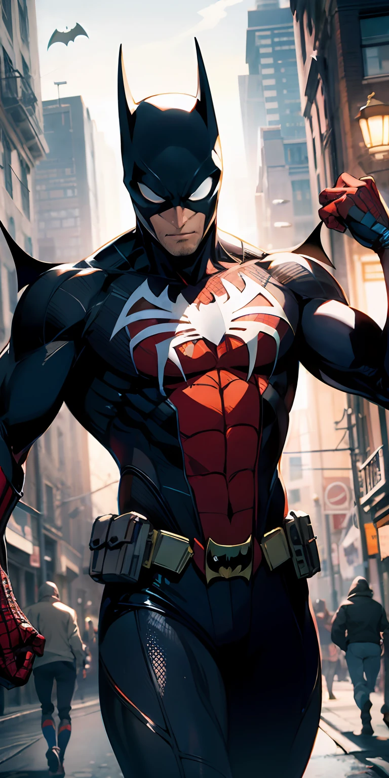 batman and spider-man fusion, corpo masculino e forte, com biotipo ectomorfo forte e definido