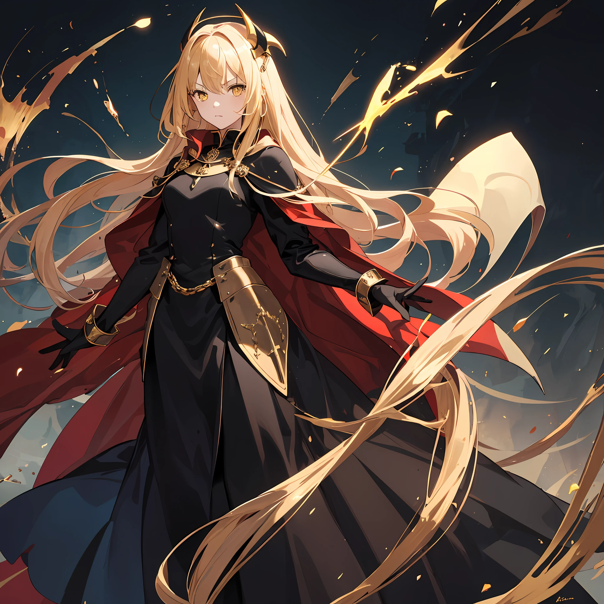 8K,tmasterpiece,Wallpapers,medieval times,1girll,Solo,Very long blonde hair,Yellow eyes,black long dress,Red and gold cape,vred,dignified,serious,full bodyesbian