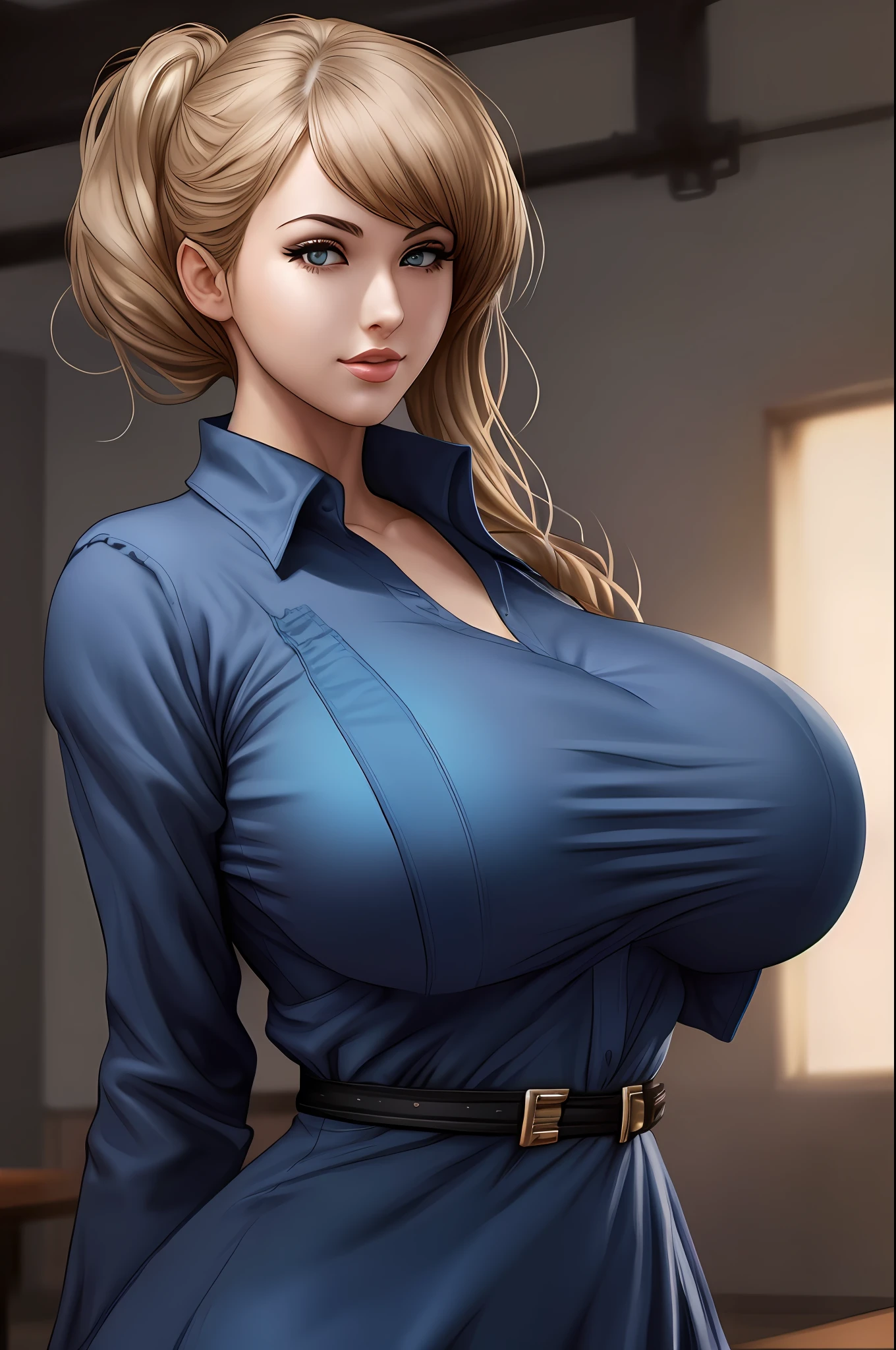 a woman in a blue dress posing for a picture, Wear a bikini，sexl，the breasts are large, Big breasts!, (sfv) safe to work, With large breasts, Big breasts, sfv, Big breasts!!, Extremely detailed Artgerm, Style Artgerm, Large breasts, Surrealism female students, Realistic schoolgirl, thicc, Surrealism female students