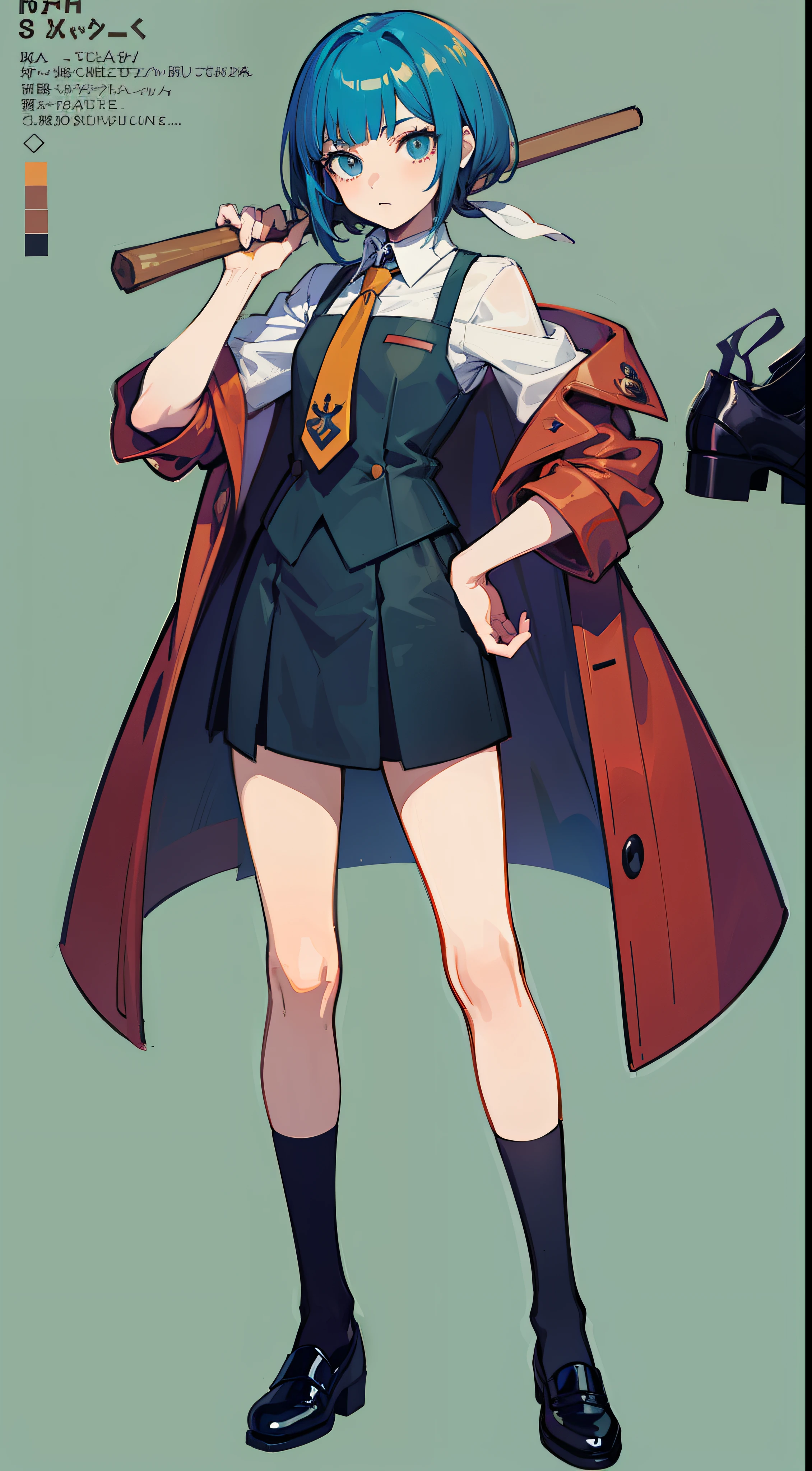 An anime character in business clothes stands in the middle of the picture, Raise your left hand,Carrying a wooden stick on his shoulder,concept art by Kamisaka Sekka, Pisif, Sots Art, ace attorney style, rimuru and milim, puce and vermillion, offcial art, vermillion and cyan, digital art from danganronpa, Medium shots of the character, clean backdrop,Black shoes,official character art
