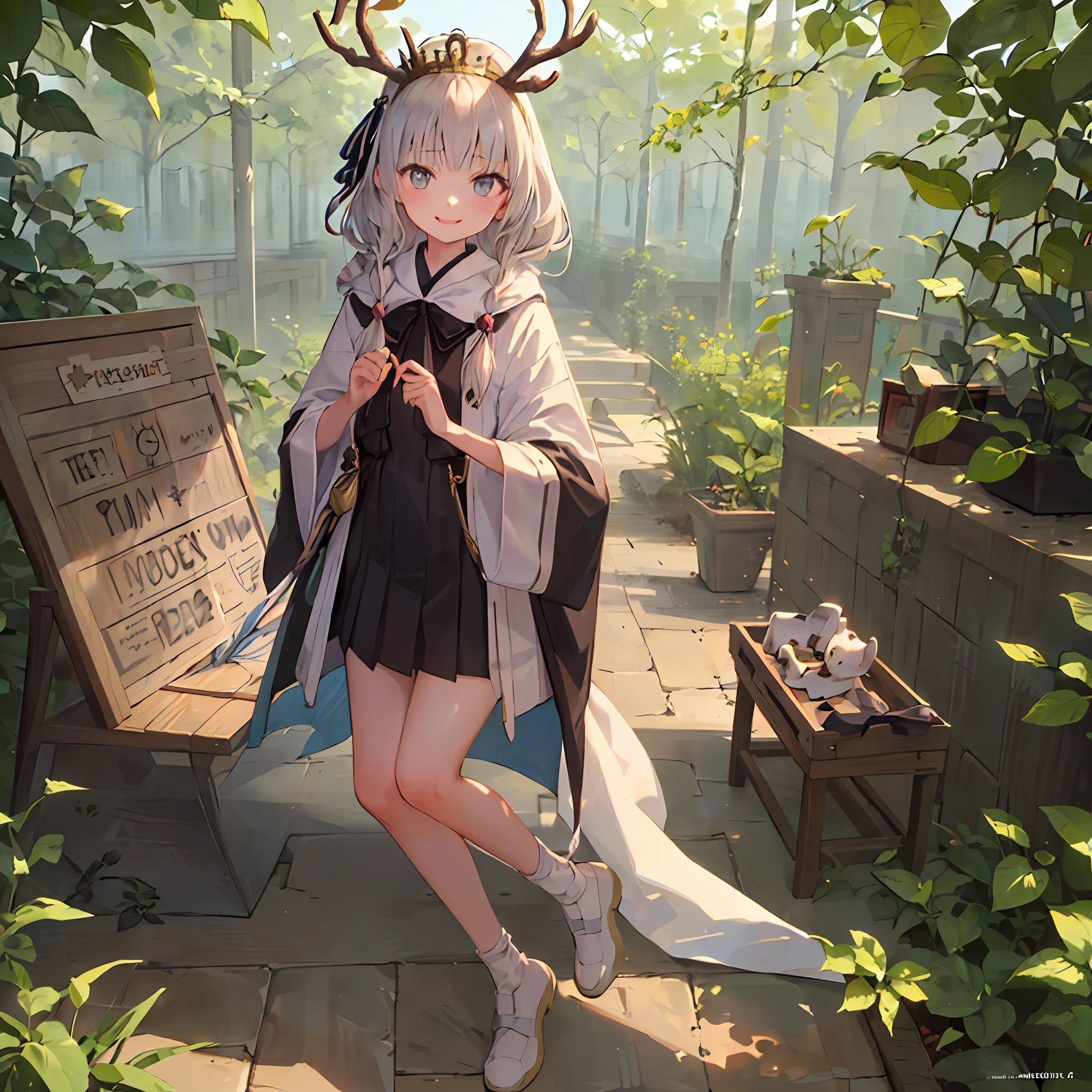 1((Masterpiece,Best quality,Highest quality,illustration,Intricate details)),1girll, Outdoor,Solemn and sacred，tiara crown，ln the forest，deers，The bird，pecora，sunshines through the leaves，long whitr hair，eye closeds，ssmile，Superskirt，cloaks，brassier，leg loops，