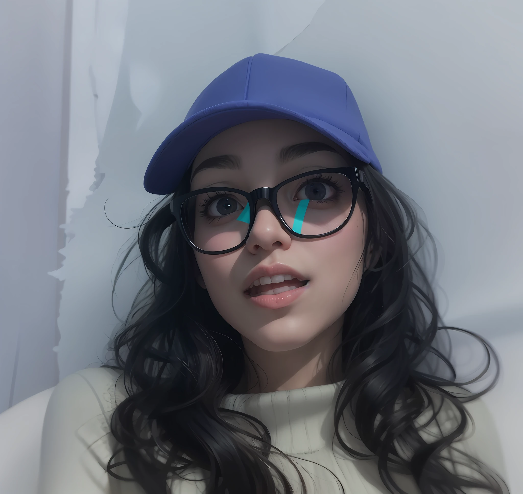 Arafed woman wearing glasses and a blue hat and glasses,Black eyes, kawaii retrato realista, With eye Glasses, Ilya Kuvshinov. 4 mil, Ilya Kuvshinov e Artgerm, Arte no estilo de Guweiz, Estilo anime 3D realista, fotorrealista!!!!!!! estilo de arte, Artgerm e Ilya Kuvshinov, estilo de arte realista