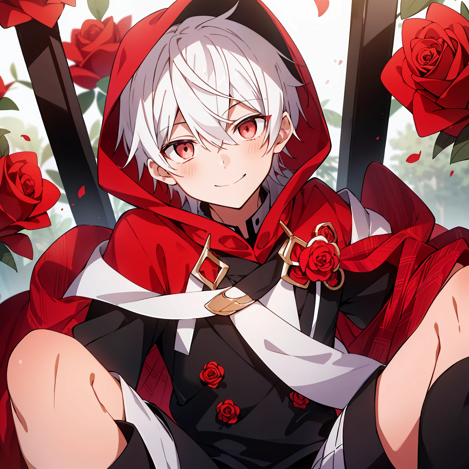 (high-quality, breathtaking),(expressive eyes, perfect face), 1boy, male, solo, short, young boy, white hair, red eyes, smile, black fancy outfit, shorts, red roses, hood